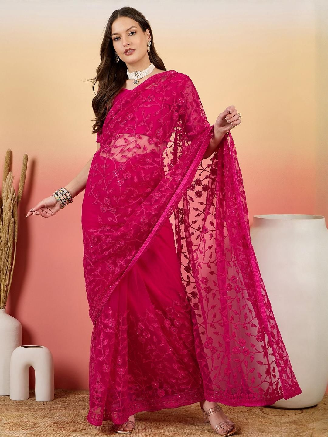 Maroosh Floral Beads and Stones Net Saree