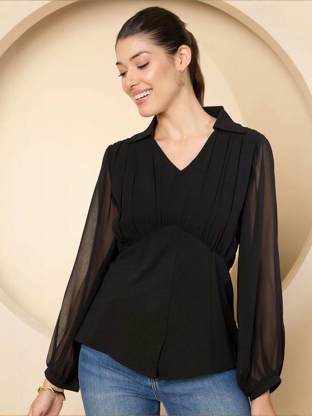 Antheaa Women Shirt Collar  Cuffed Sleeves Georgette Empire Top