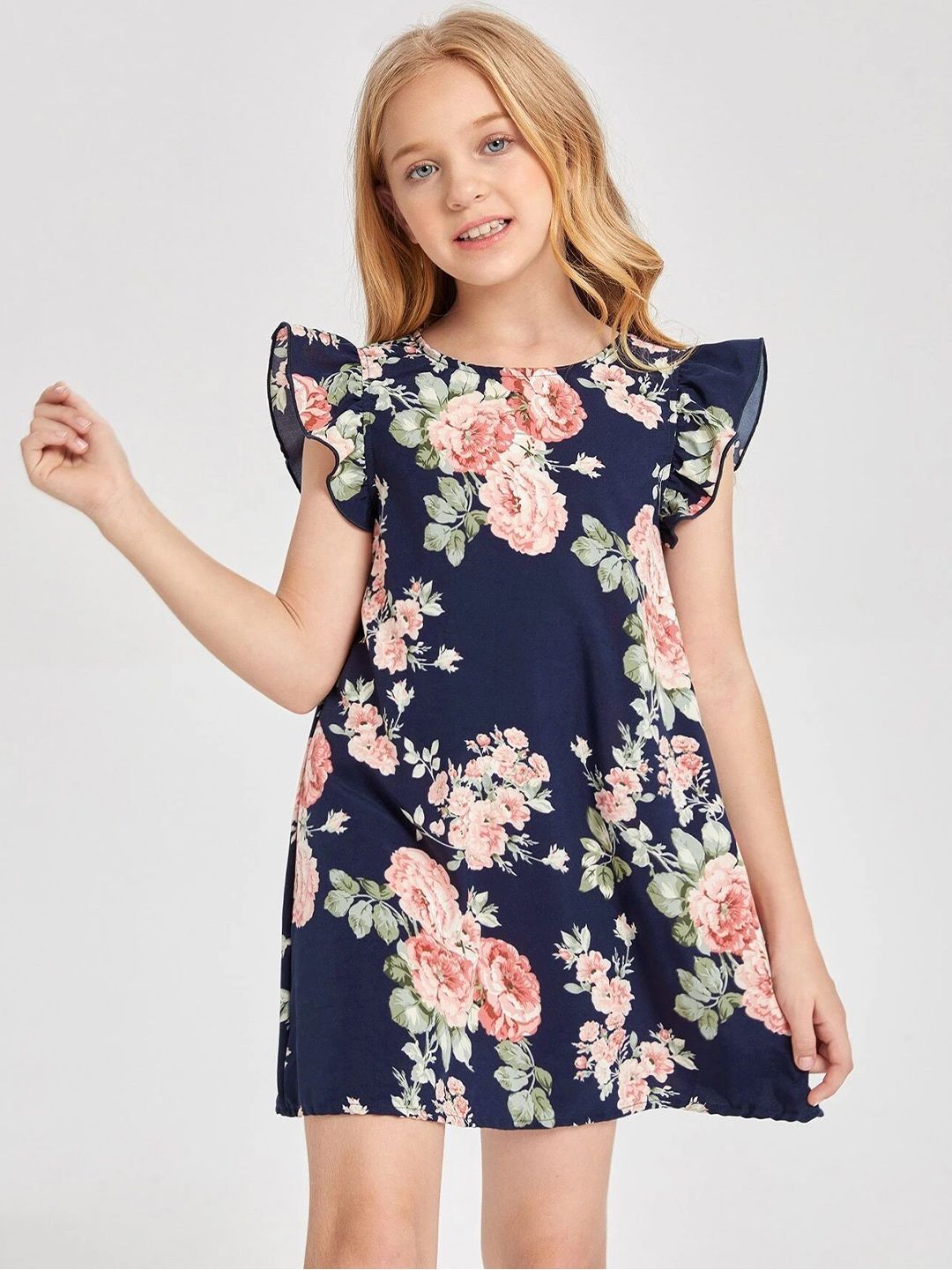 YK Girls Floral Printed Round Neck A-Line Mini Dress