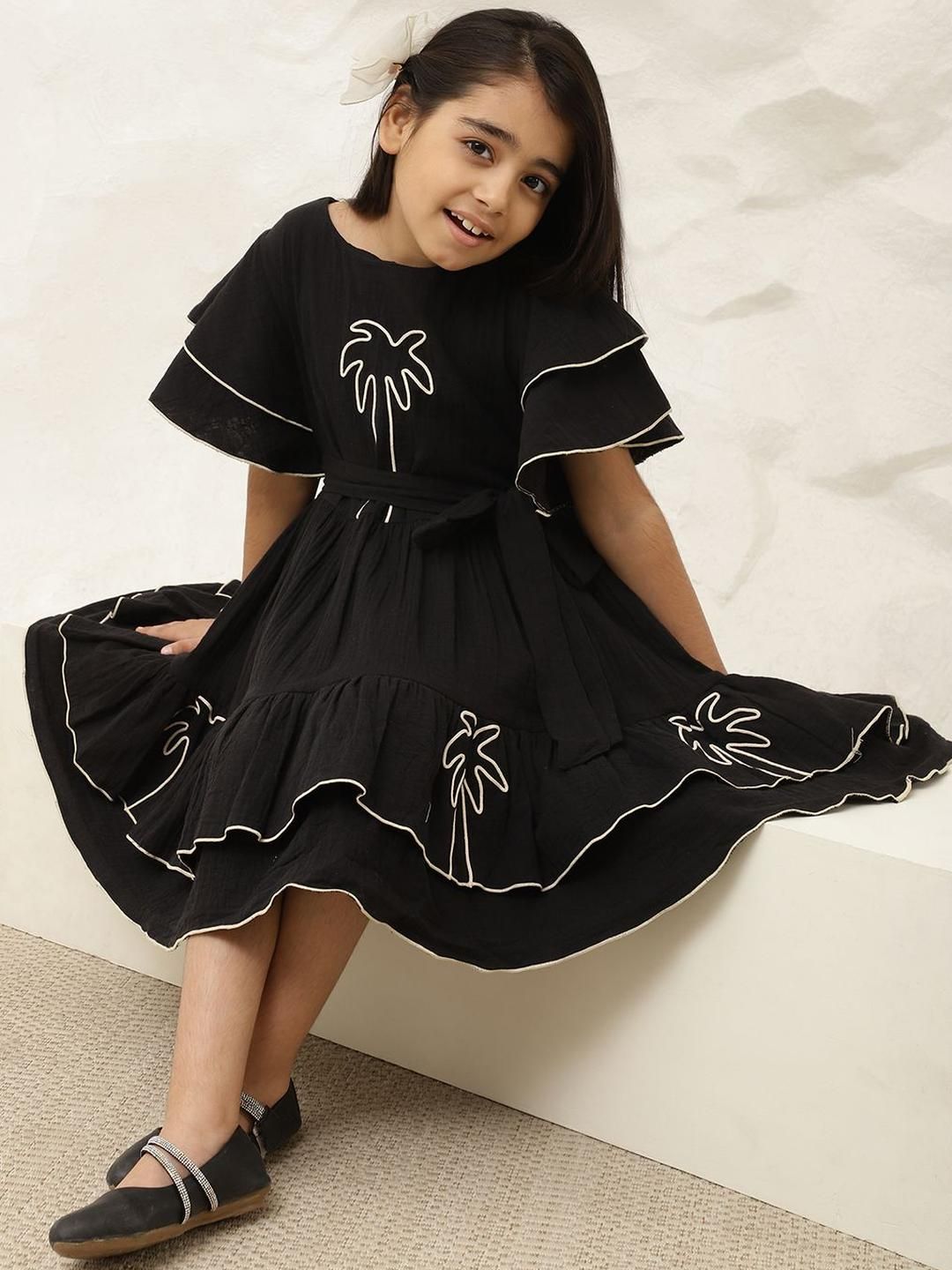 Bugandbees Girls Printed Round Neck Bell Sleeves Pure Cotton Fit & Flare Dress