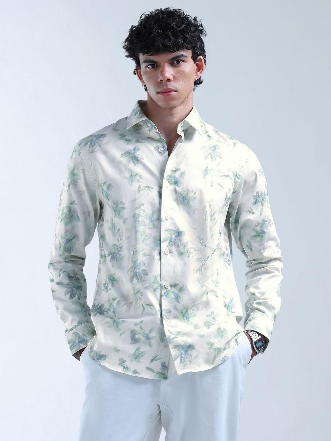 Flying Machine Men Slim Fit Floral Printed Spread Collar Pure Cotton Casual Shirt