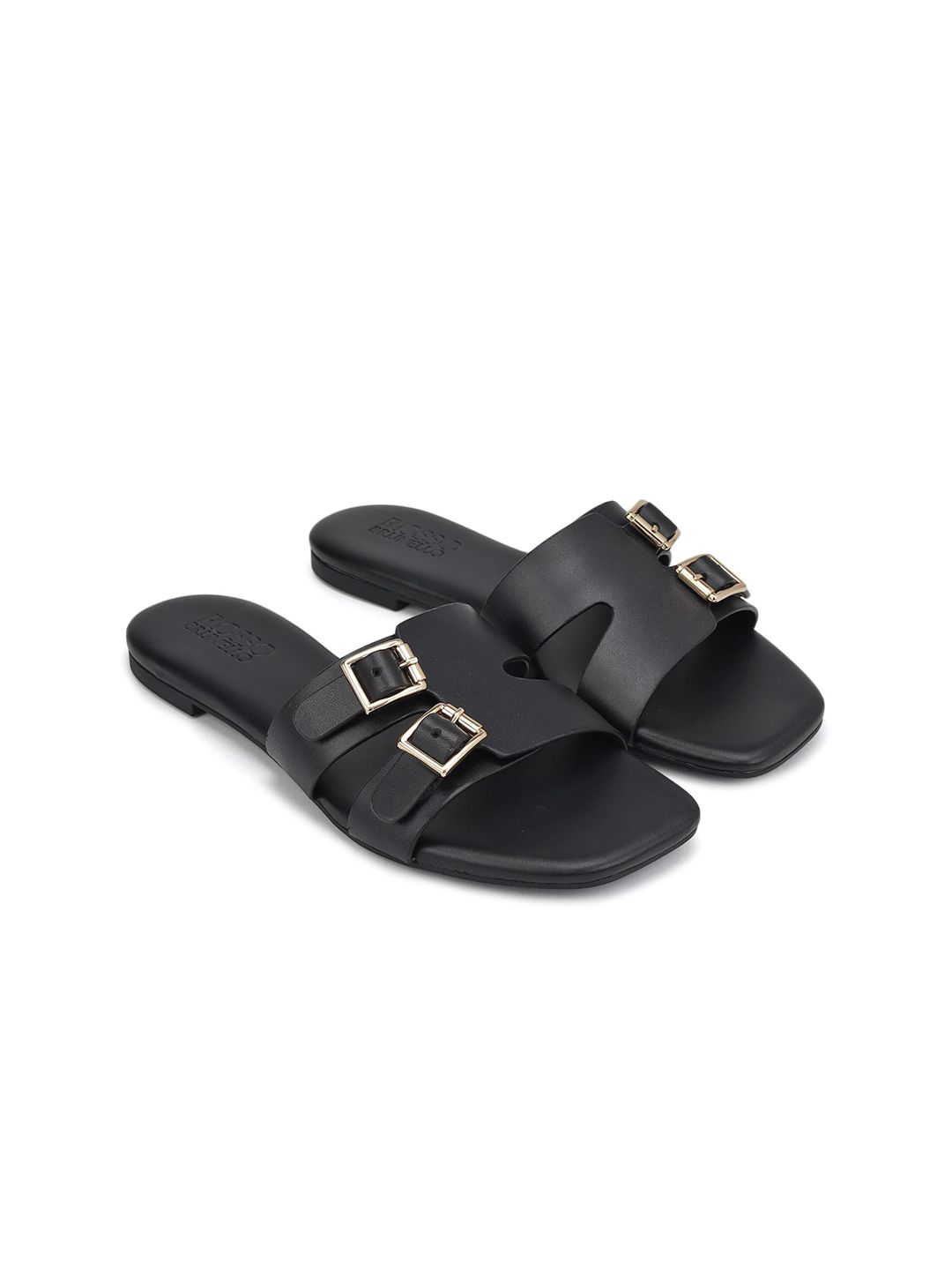 ROSSO BRUNELLO Women Solid Square Toe Leather Open Buckle Flats
