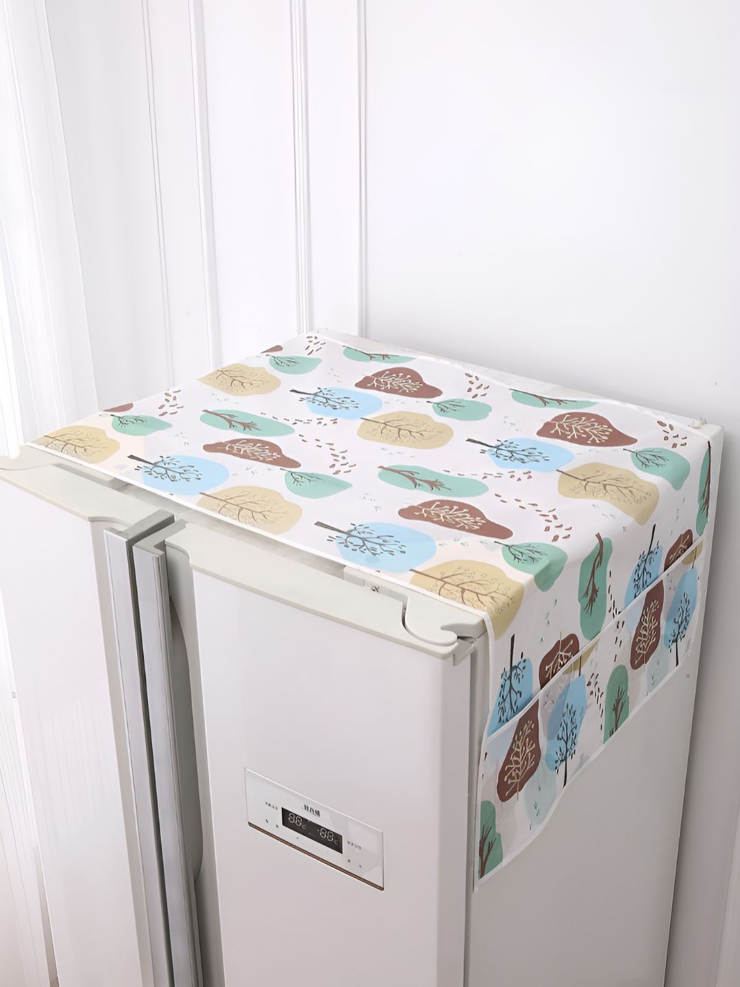 HOKIPO White & Blue Nature Trees Waterproof Small Fridge Cover With 6 Side Pockets