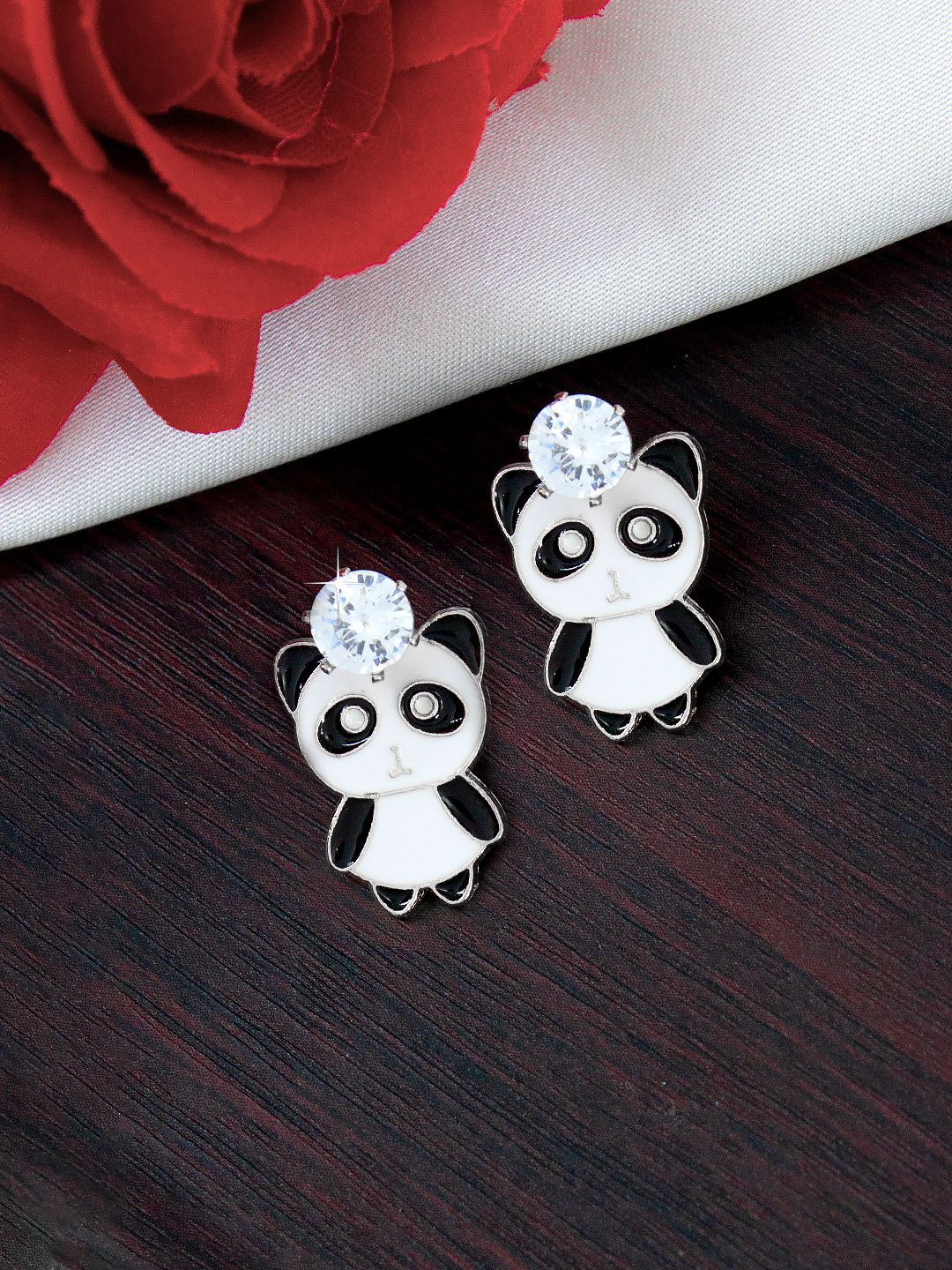 PRIVIU Gold-Plated American Diamond Studded Panda Drop Earrings