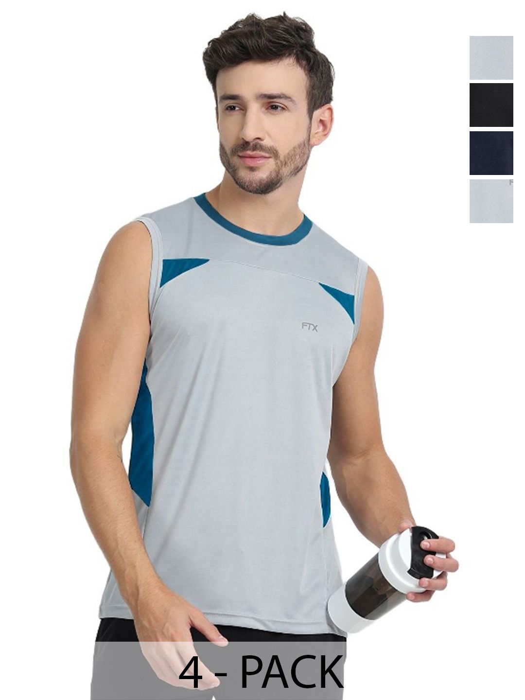 FTX Men Pack of 4 Dri-FIT Colourblocked Round Neck T-shirts