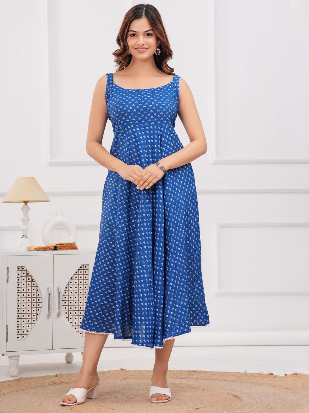 AMBROZEE Polka Dot Printed Round Neck Empire Midi Dress