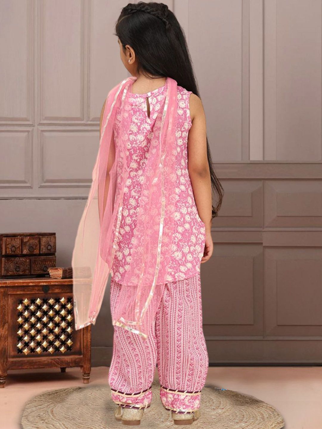 Girls Floral Printed Gotta Patti Work Straight Kurta With Trousers & Dupatta 5