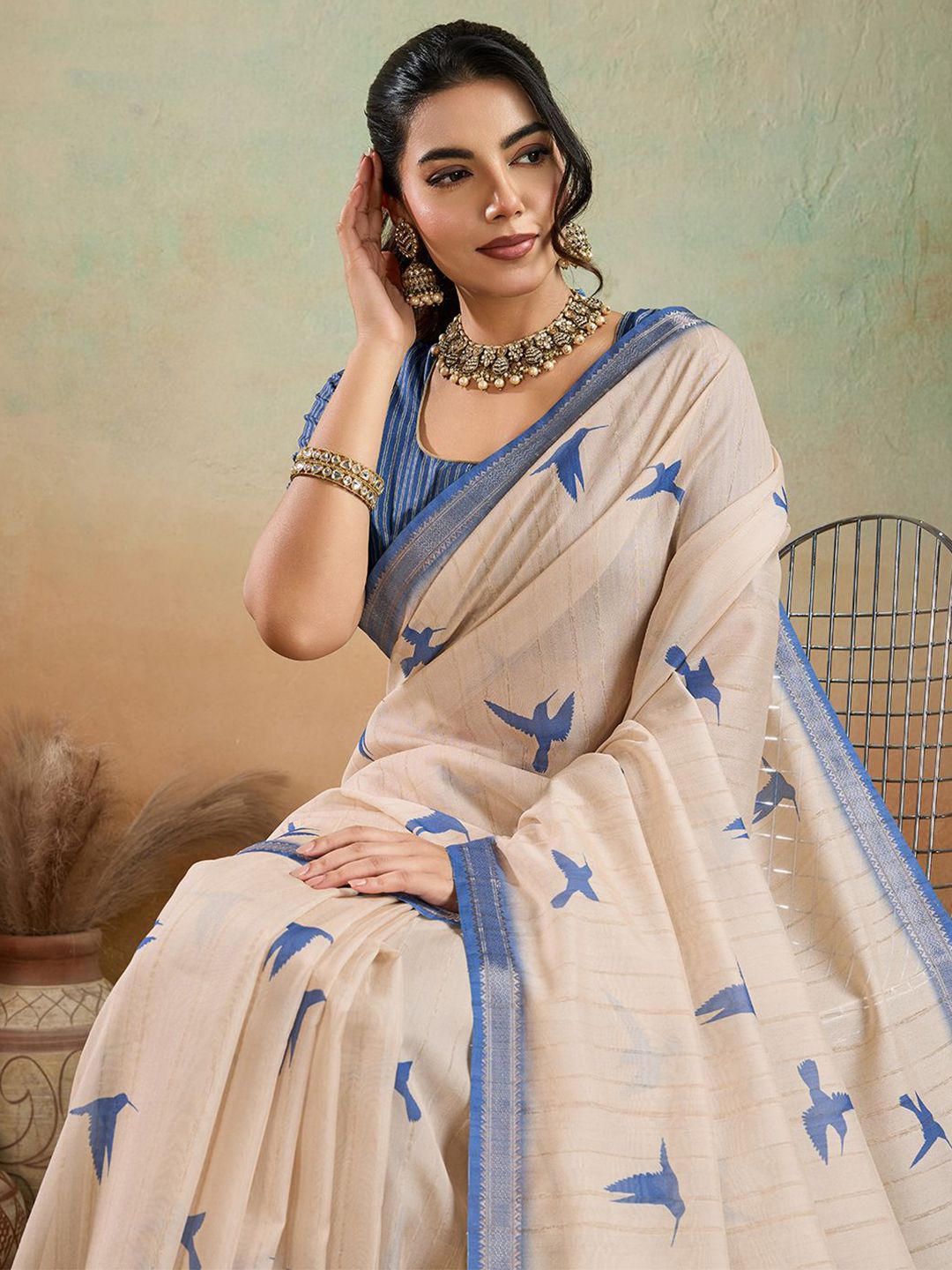 PBS PRINTS Floral Printed Zari Silk Cotton Saree