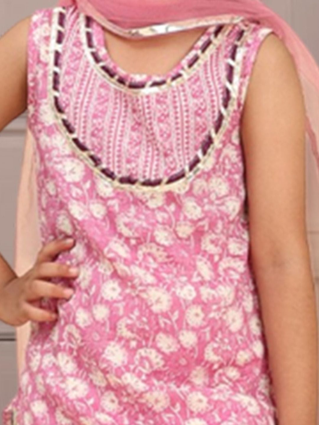 Girls Floral Printed Gotta Patti Work Straight Kurta With Trousers & Dupatta 2