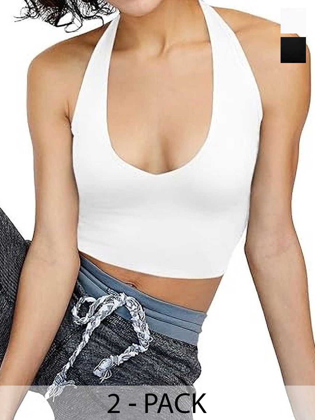 SRISARAS Women Pack Of 2 Halter Neck Cotton Crop Top