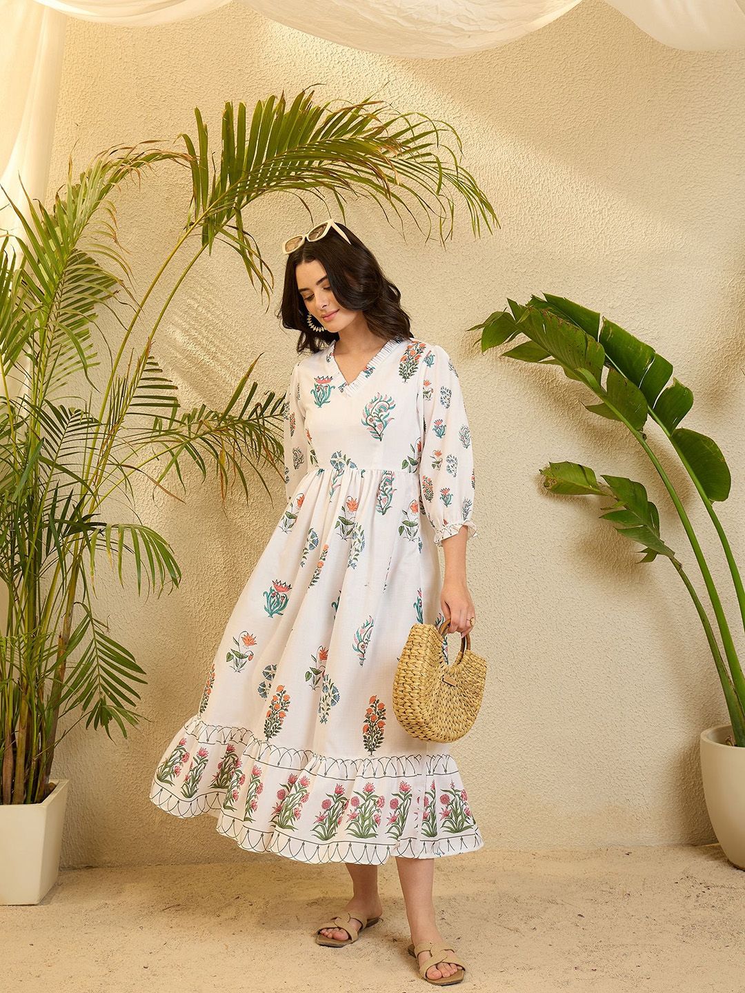OCTICS Floral Print V-Neck Puff Sleeves Linen Fit & Flare Midi Dress