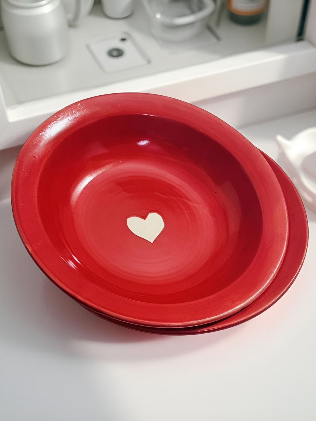Lupaava Red 2 Pieces Printed Glossy Microwave Safe Ceramic Pasta Plates