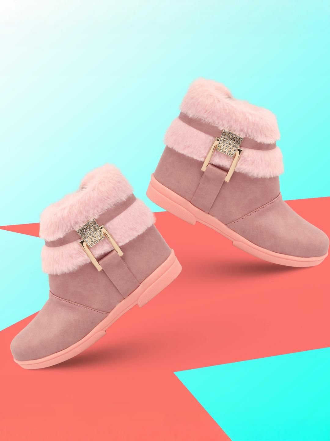 Buy Freeplay Girls Pink With Faux Fur & Crystal Buckle Boots -  - Footwear for Girls