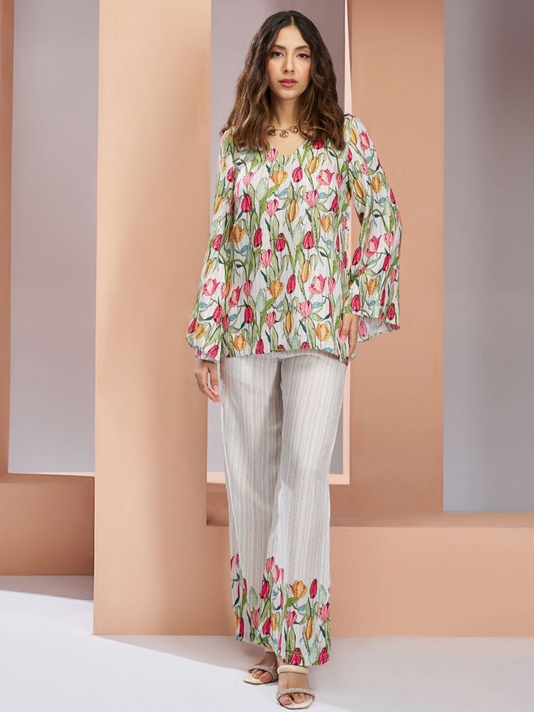 ODETTE White Printed V Neck Top With Trousers Linen Stitched Co-Ords
