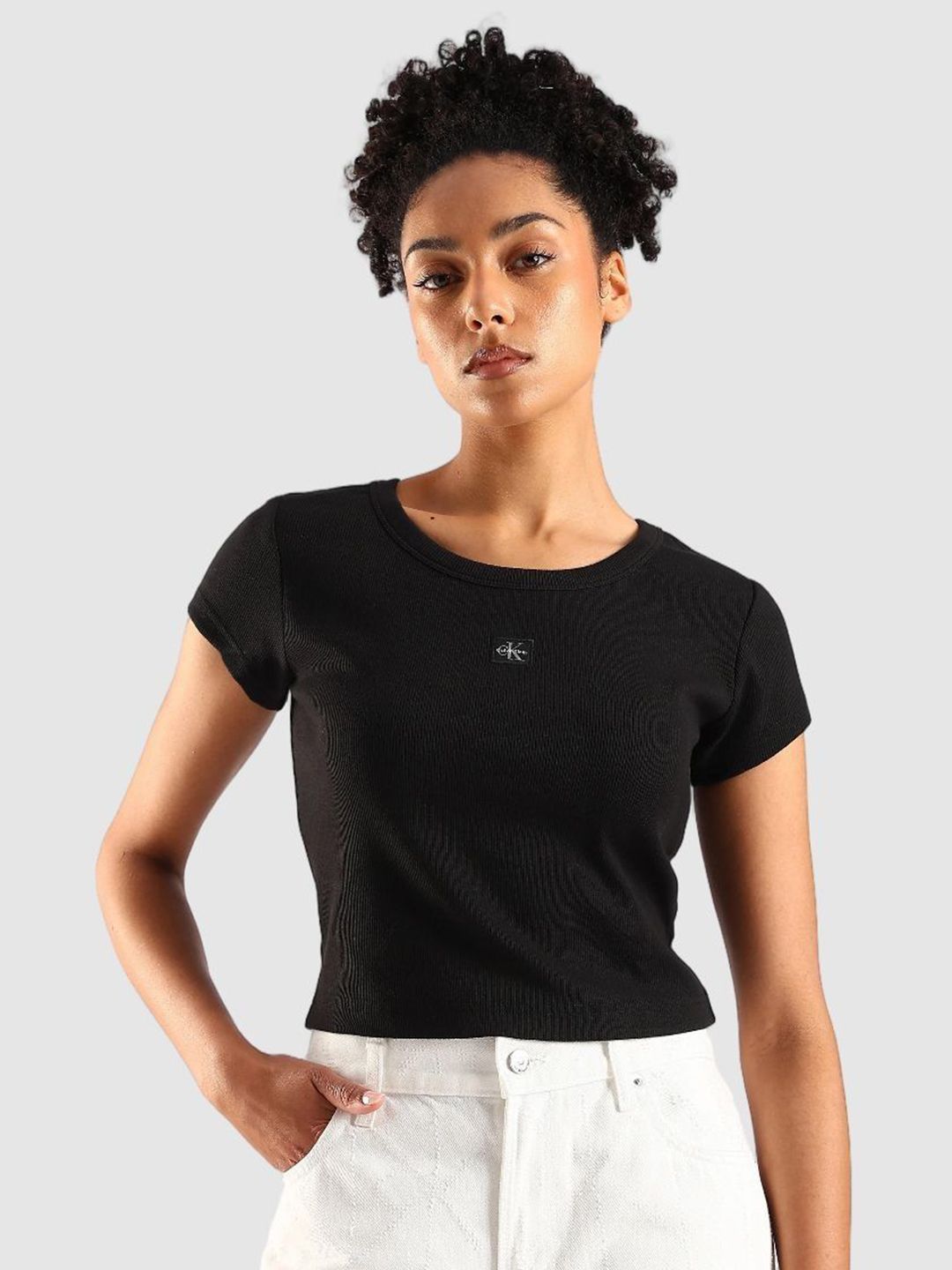 Calvin Klein Jeans Women Self Design Round Neck Slim Fit Cotton