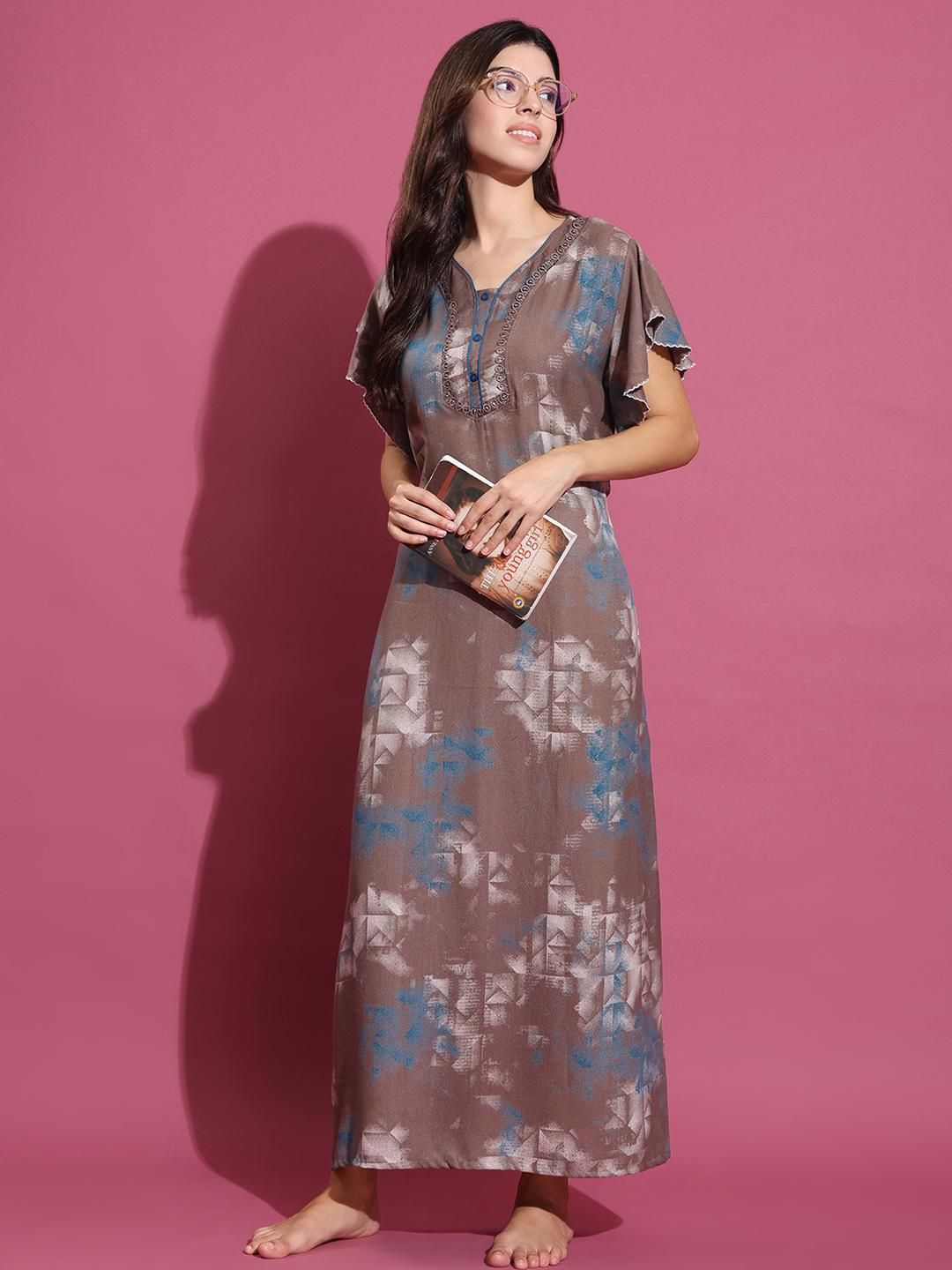 TRUNDZ Women Brown & Blue Printed Round Neck Flutter Sleeves Maxi Nightdress