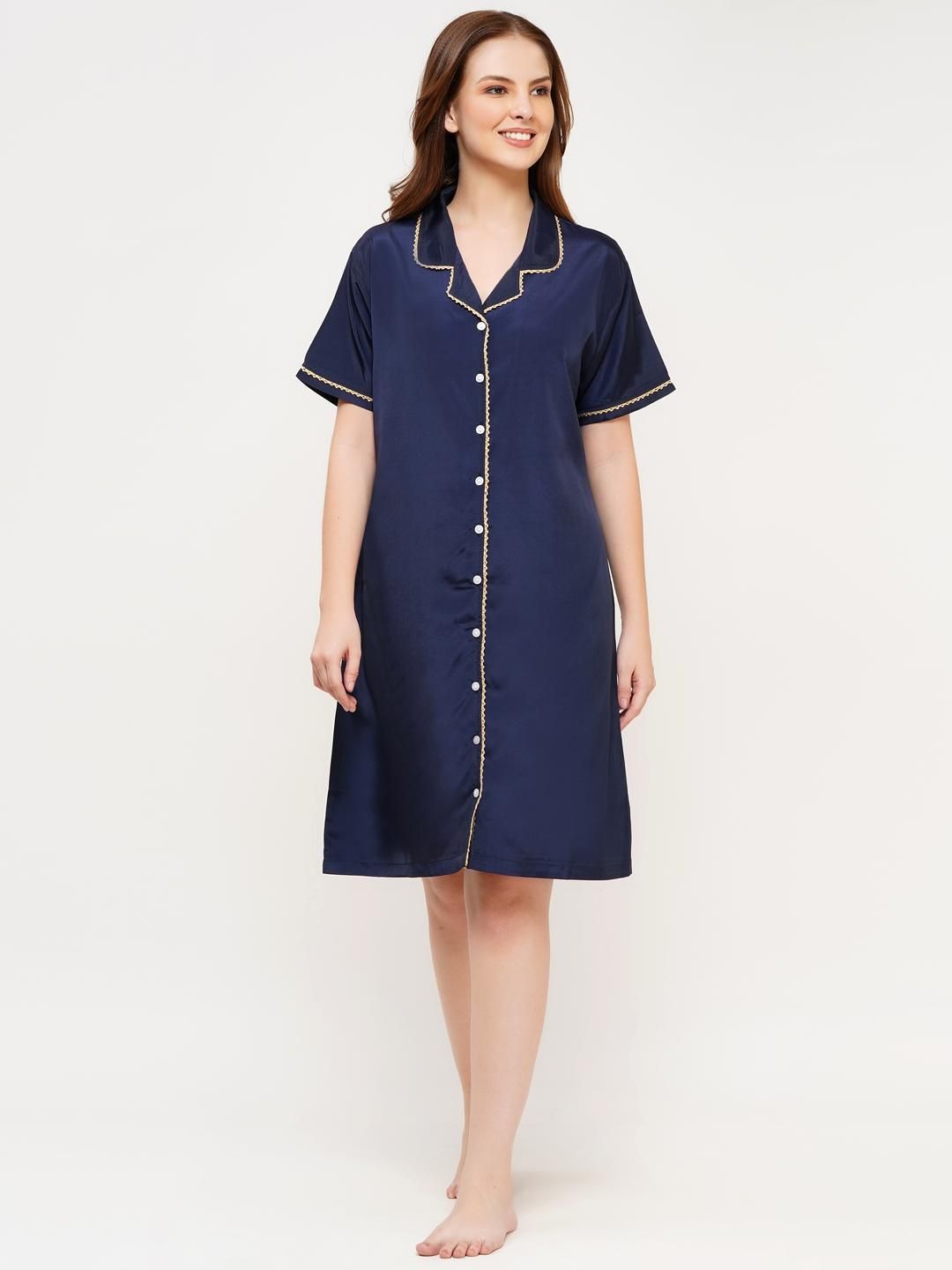 WOEMUR Lapel Collar Shirt Dress Nightdress