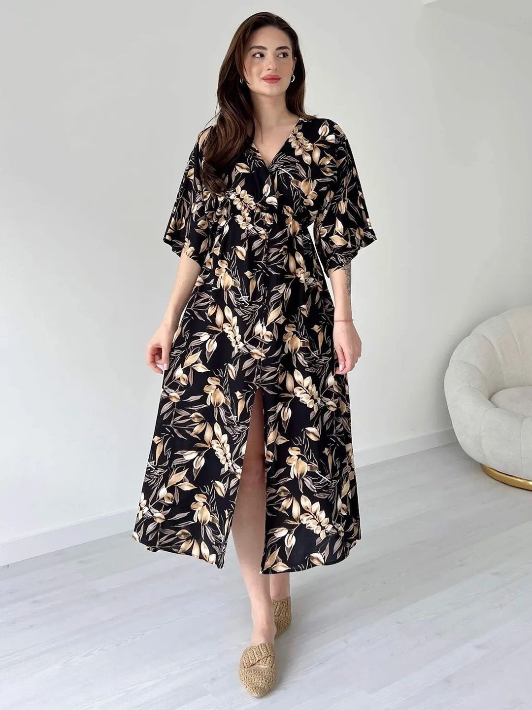PIMU Women Floral Print Slit Flared Sleeve Midi Dress