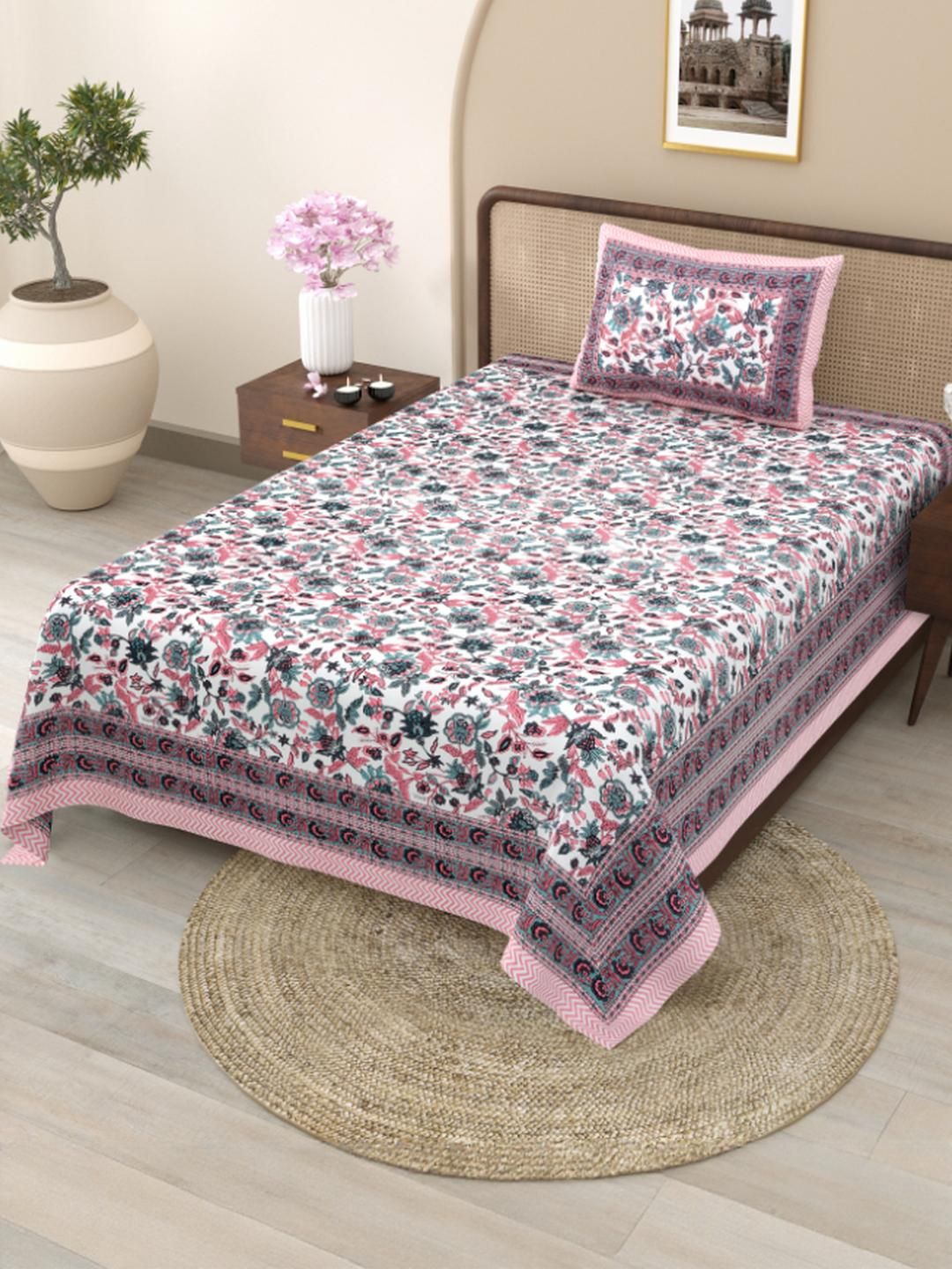 Shubastik Printed 210 TC Pure Cotton Single Bed Bedsheet With 1 Pillow Cover -1.52 X 2.28m