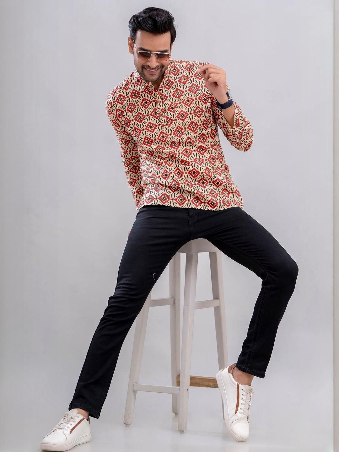 MissKurti Men Standard Fit Ethnic Motifs Printed Mandarin Collar Cotton Casual Shirt