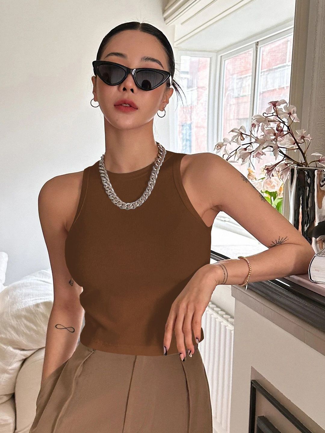 TOOCHKI Women Round neck Sleevless Tank Crop Top