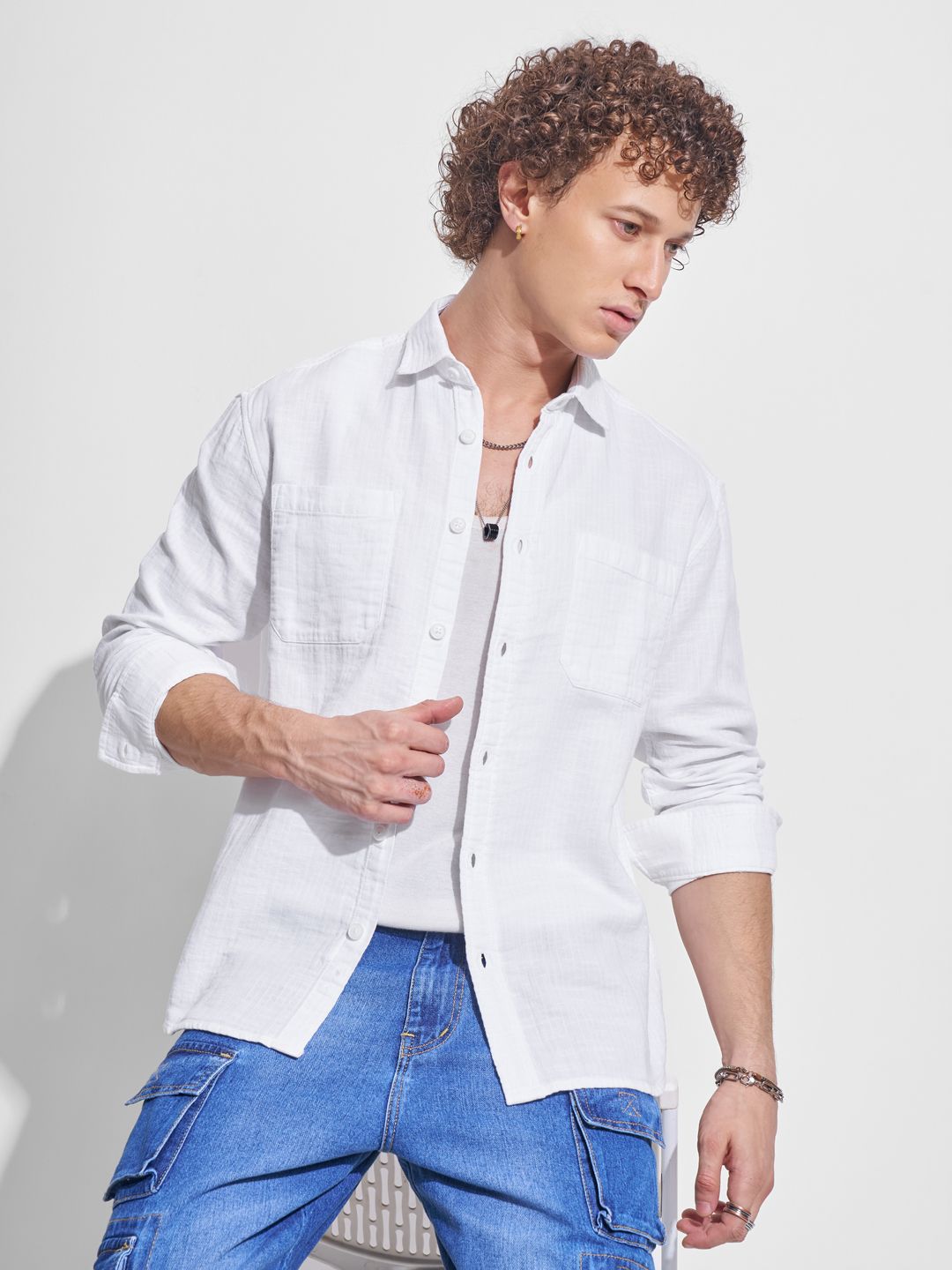 HIGHLANDER Men Relaxed Fit Textured Spread Collar Cotton Casual Shirt