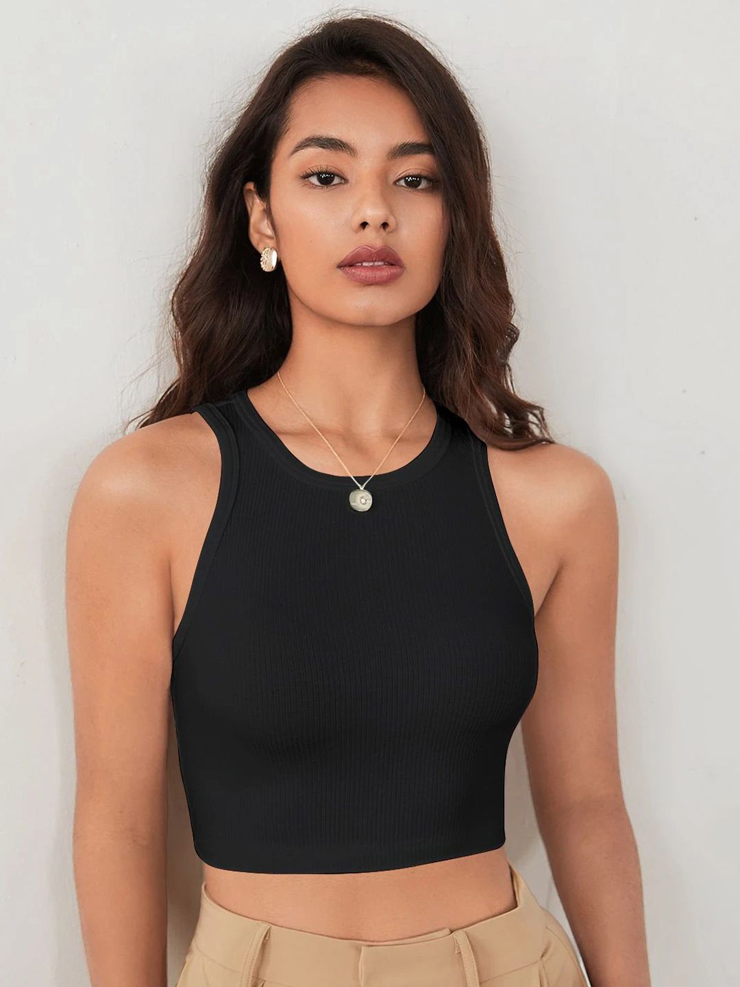 KERI PERRY Ribbed Round Neck Solid Sleeveless Tank Crop Top