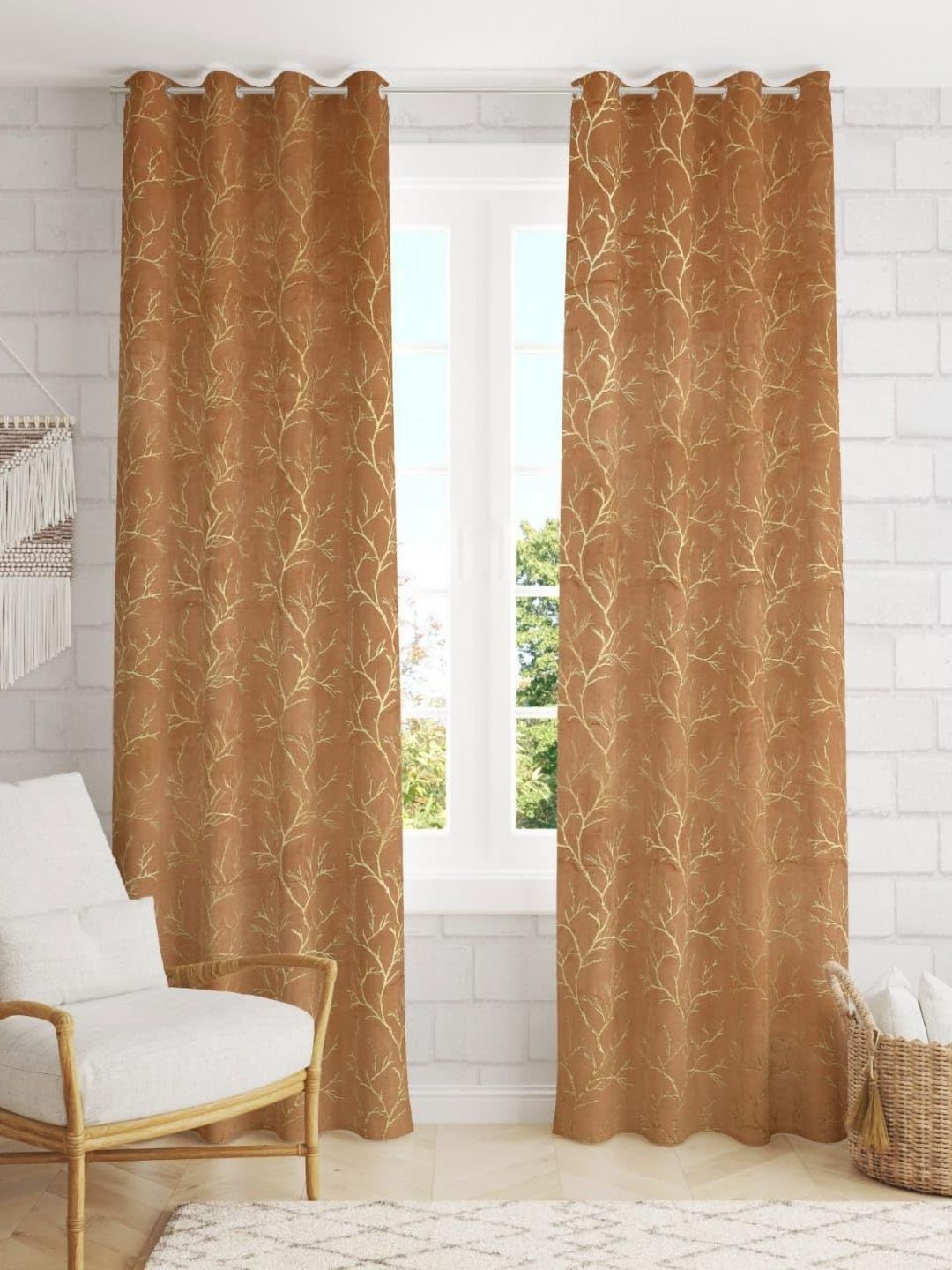 Aura Gold-Toned & Brown 2 Pieces Printed Room Darkening Window Curtains