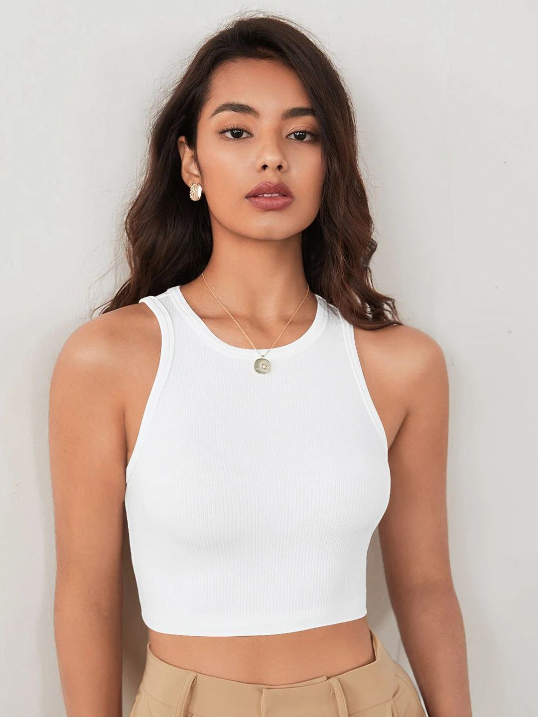 KERI PERRY  Women Ribbed Round Neck Shoulder Straps Tank Crop Top