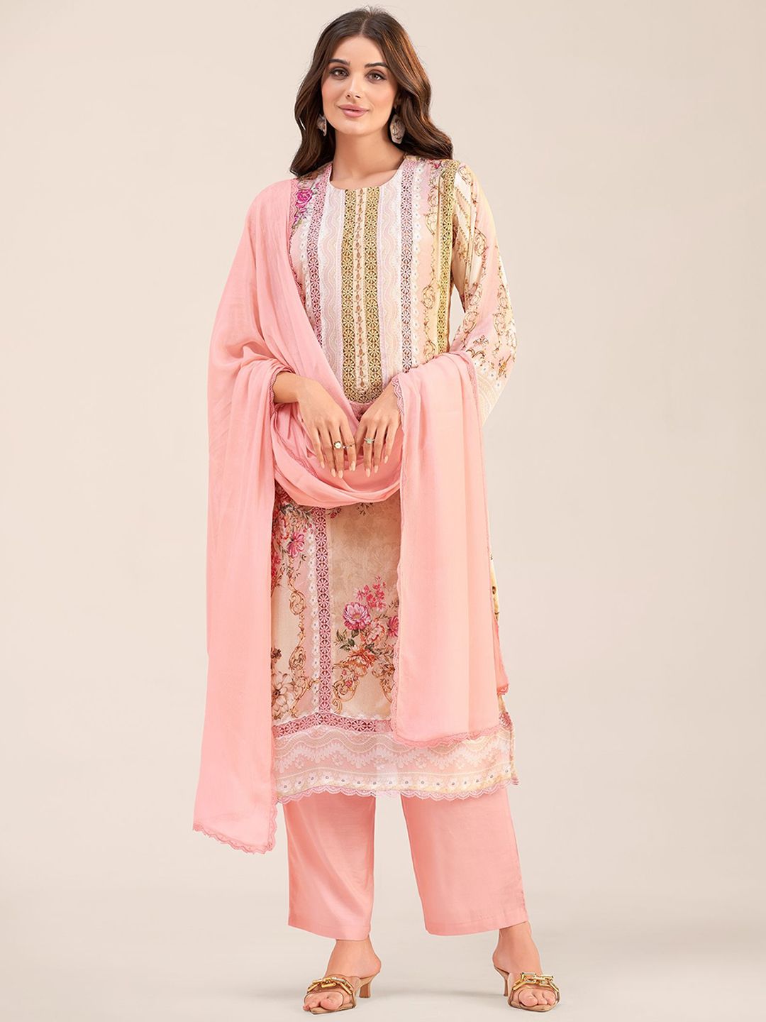 IOLY Floral Embroidered Round Neck Chinon Straight Kurta With Trousers & Dupatta