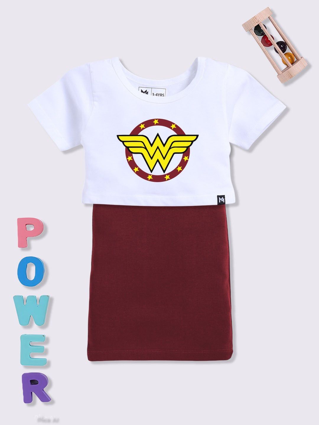 YK X Minute Mirth Girls Wonder Woman Print Dress with T-shirt