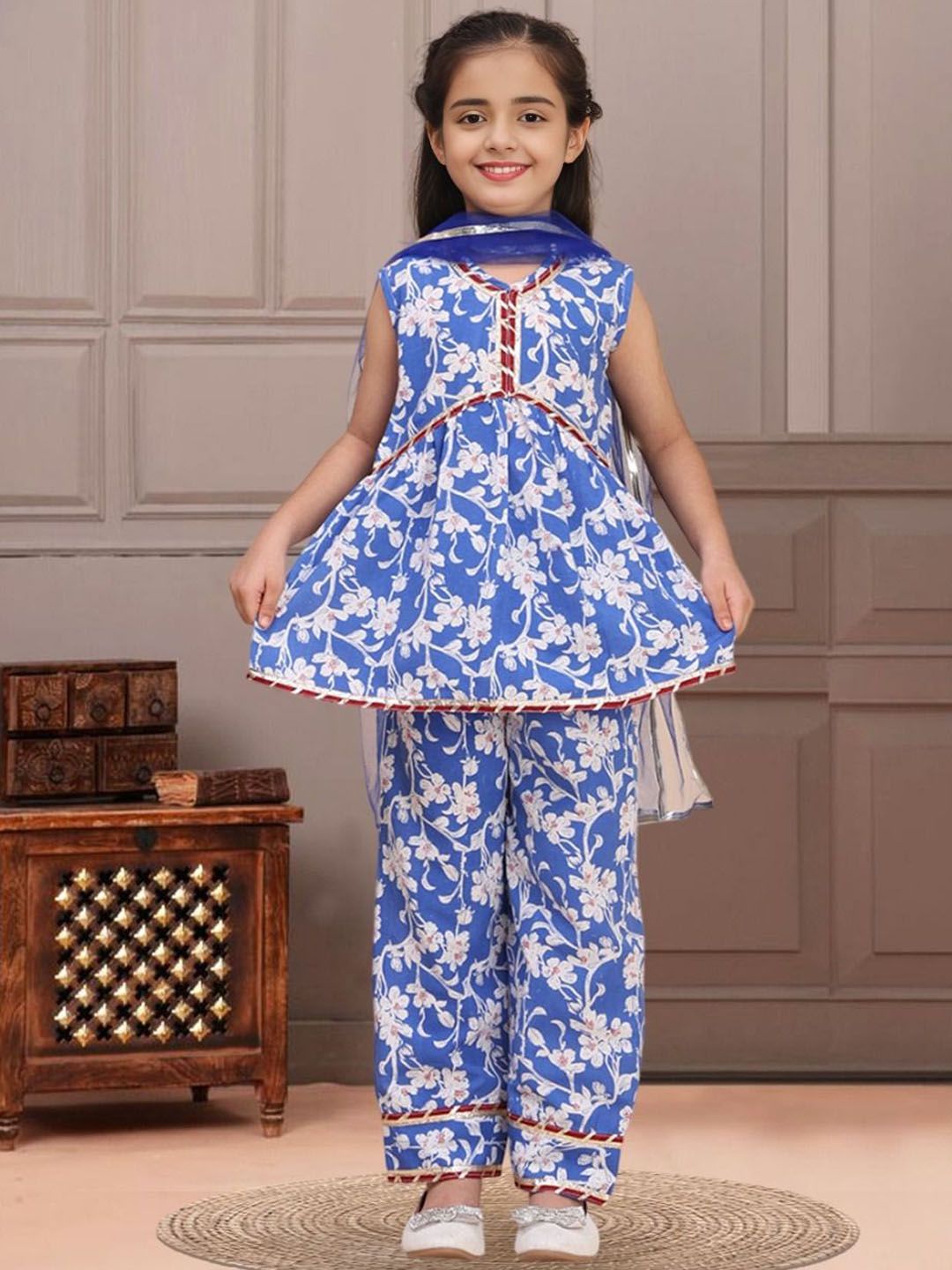 Girls Floral Printed Gotta Patti Kurta with Palazzos & Dupatta