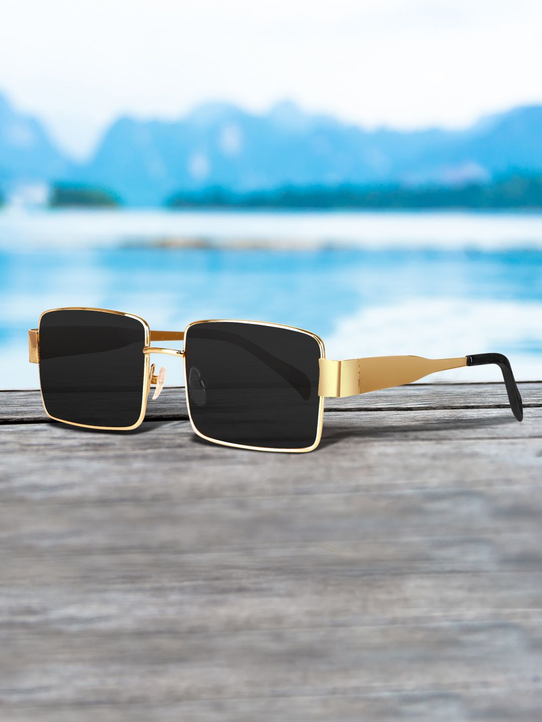 ROYALTAIL Unisex Black Lens & Gold-Toned Square Sunglasses With UV Protected Lens