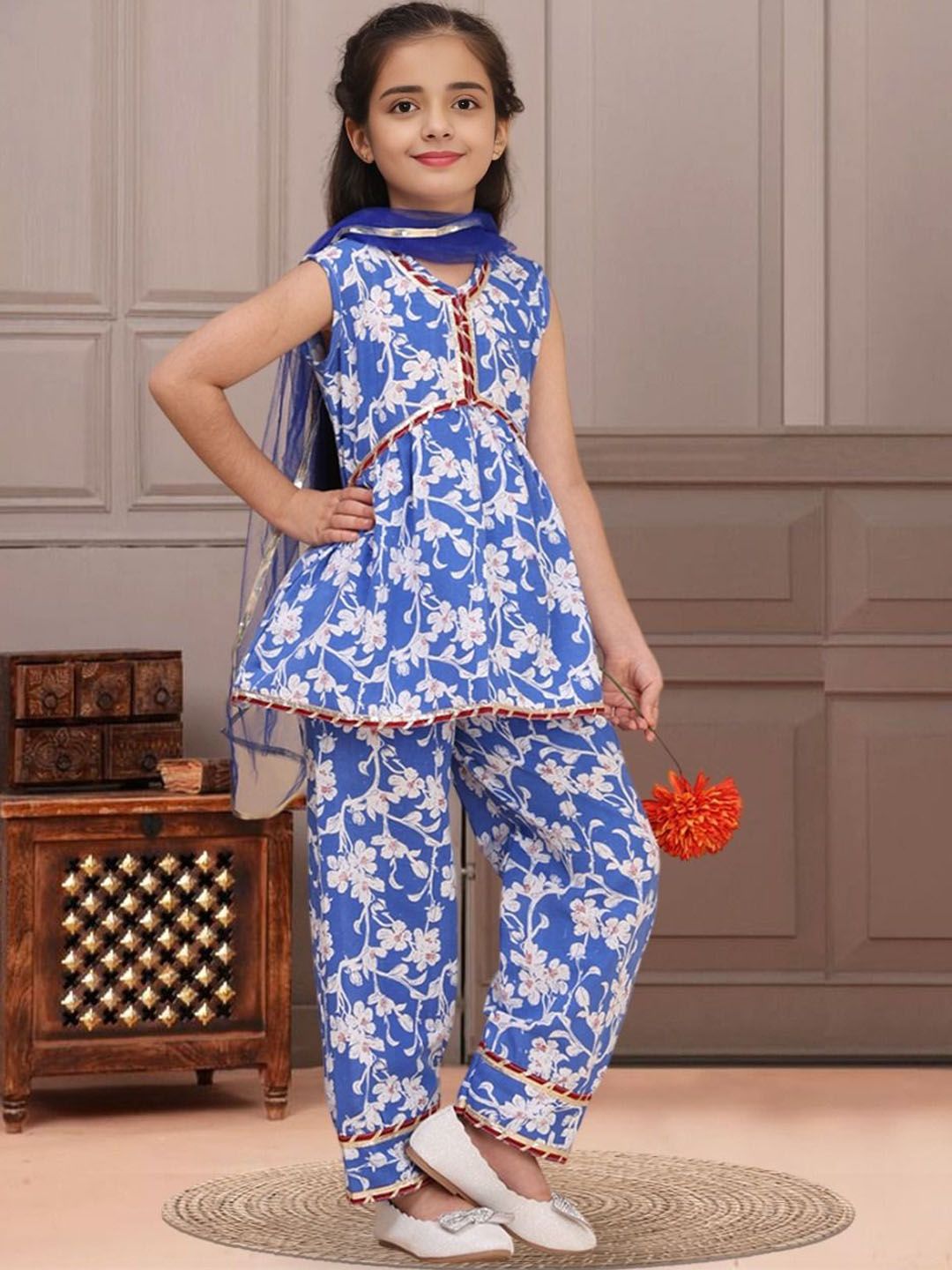 Girls Floral Printed Gotta Patti Kurta with Palazzos & Dupatta 4