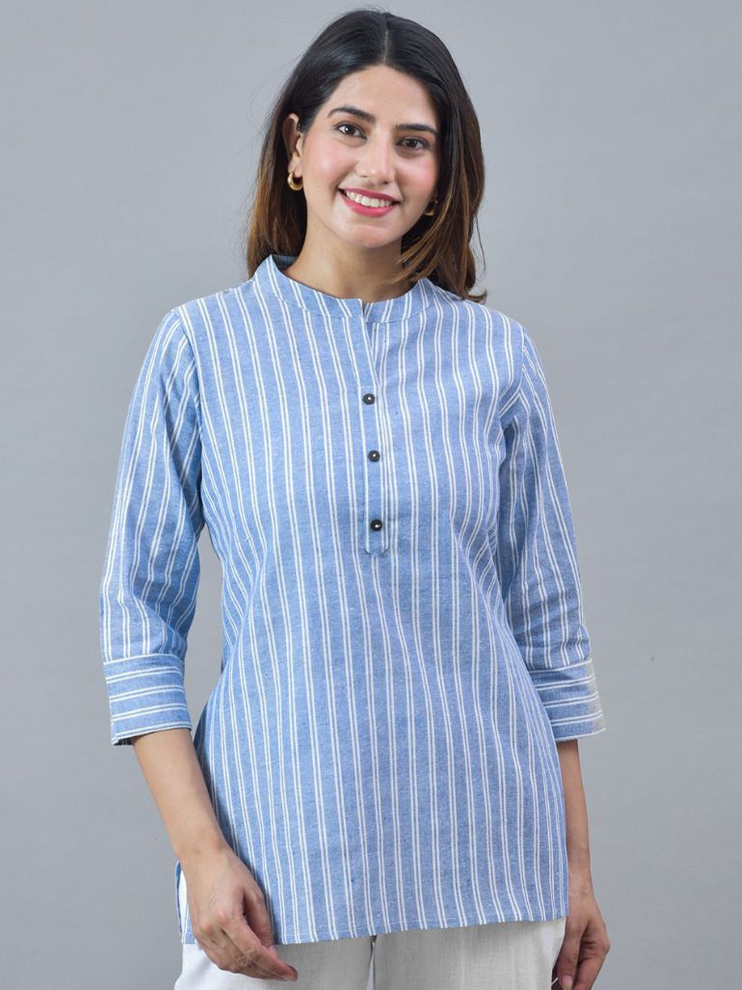 Anouk Rustic Women Vertical Striped High Neck Cotton Top