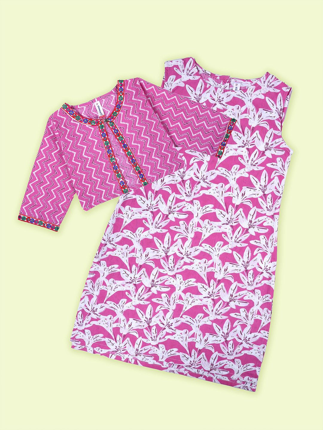 KiddoPanti Girls Floral Printed Mirror Work A-Line Kurta