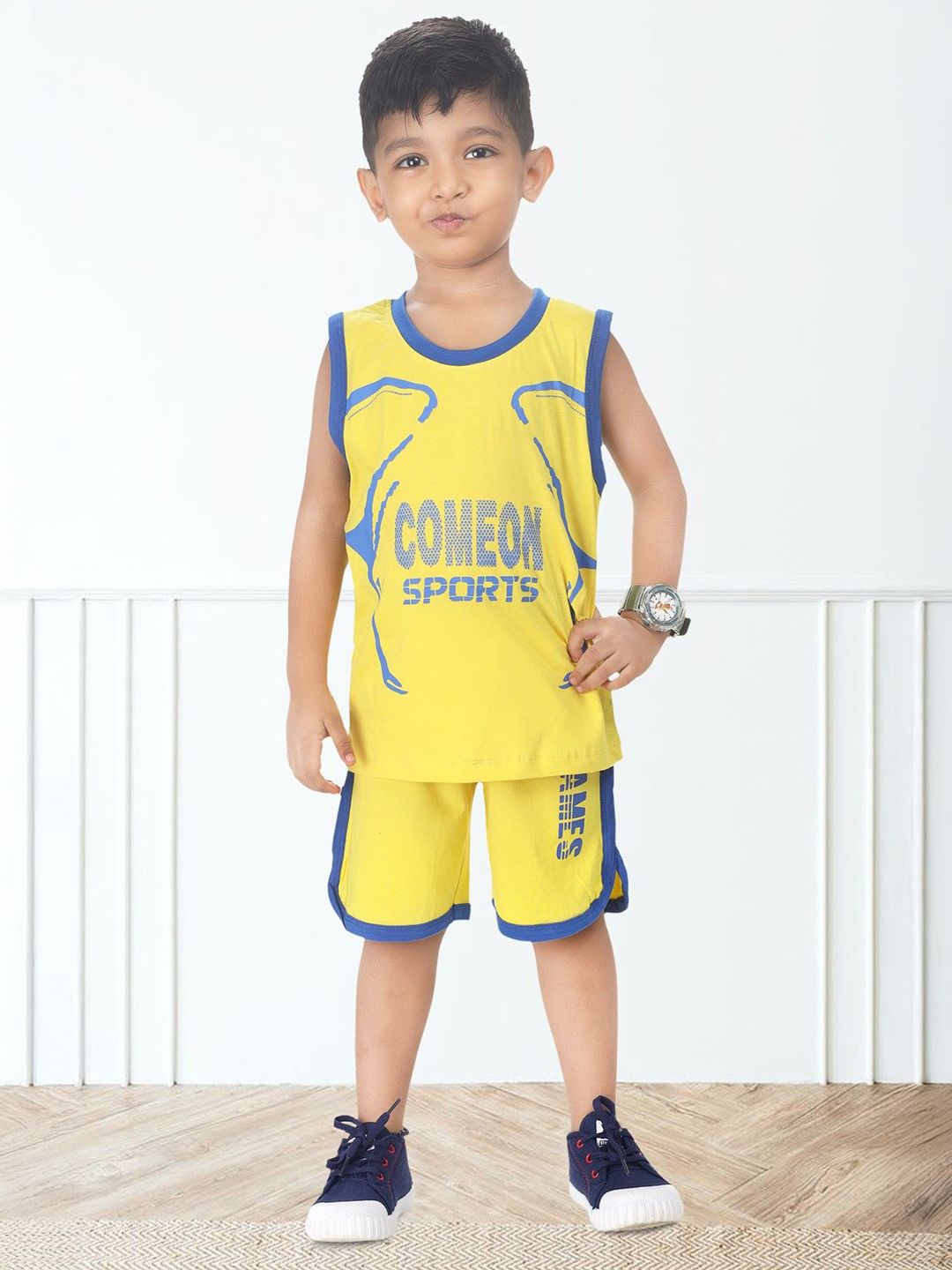 NEW GEN Boys Typography Printed Sleeveless Pure Cotton T-shirt With Shorts