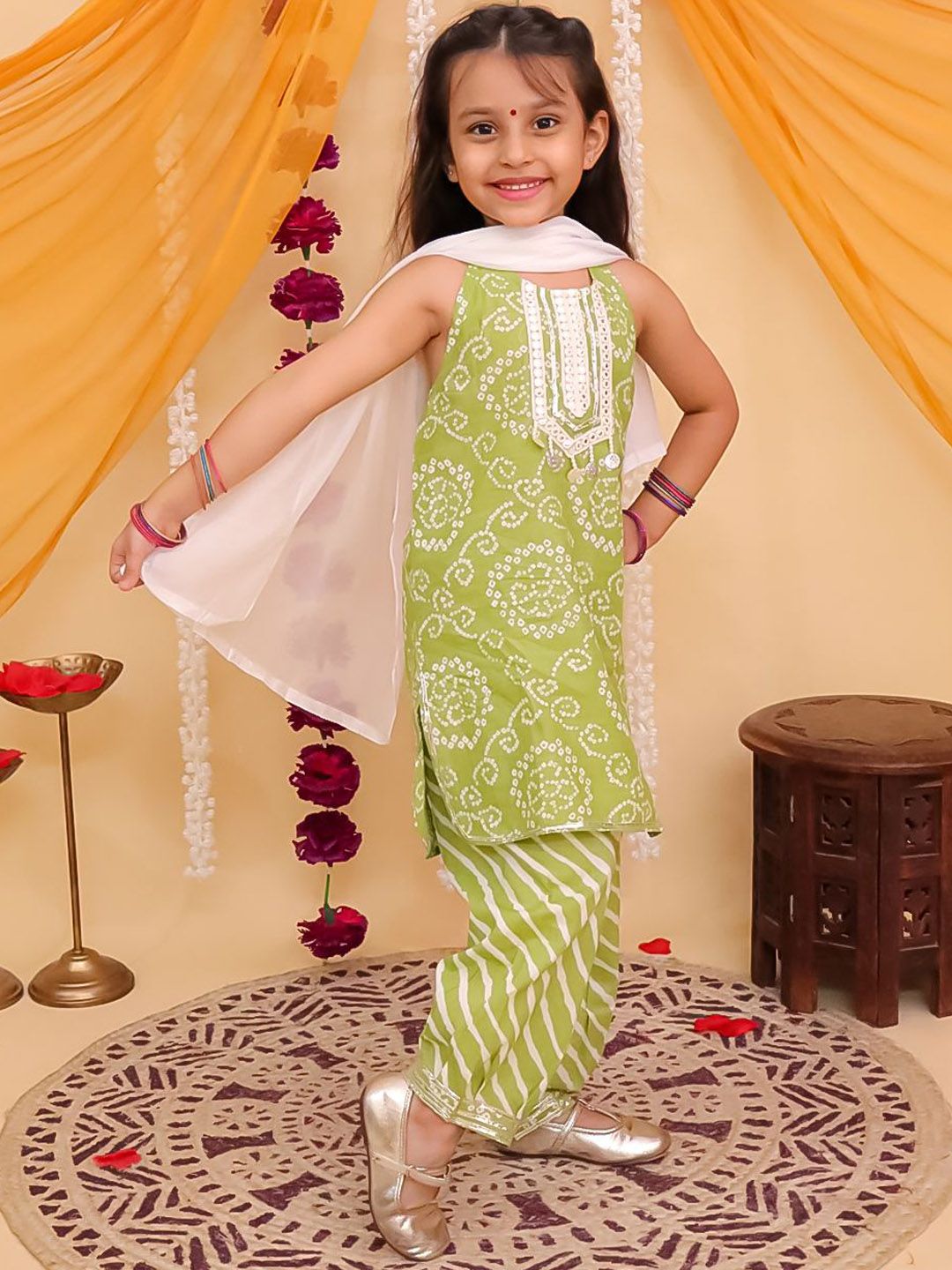Girls Green Bandhani Printed Pure Cotton Kurta with Salwar & Dupatta Sleeveless Set 3