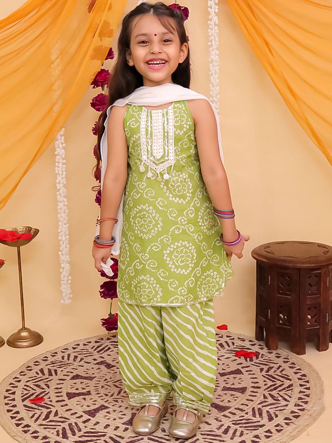 Girls Green Bandhani Printed Pure Cotton Kurta with Salwar & Dupatta Sleeveless Set
