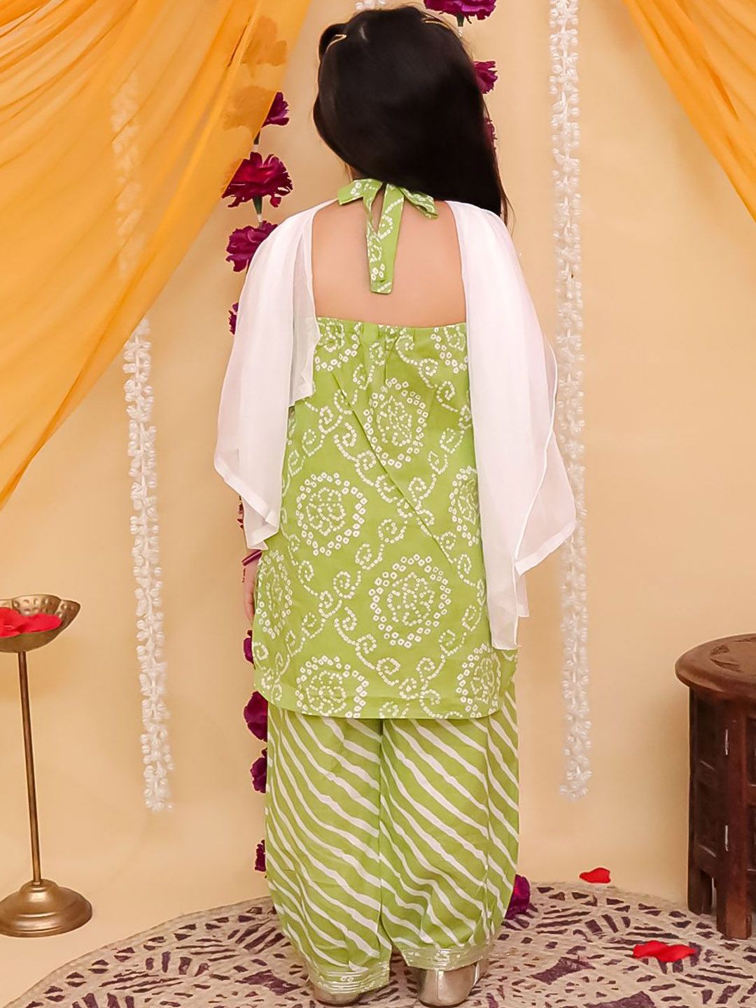 Girls Green Bandhani Printed Pure Cotton Kurta with Salwar & Dupatta Sleeveless Set 4