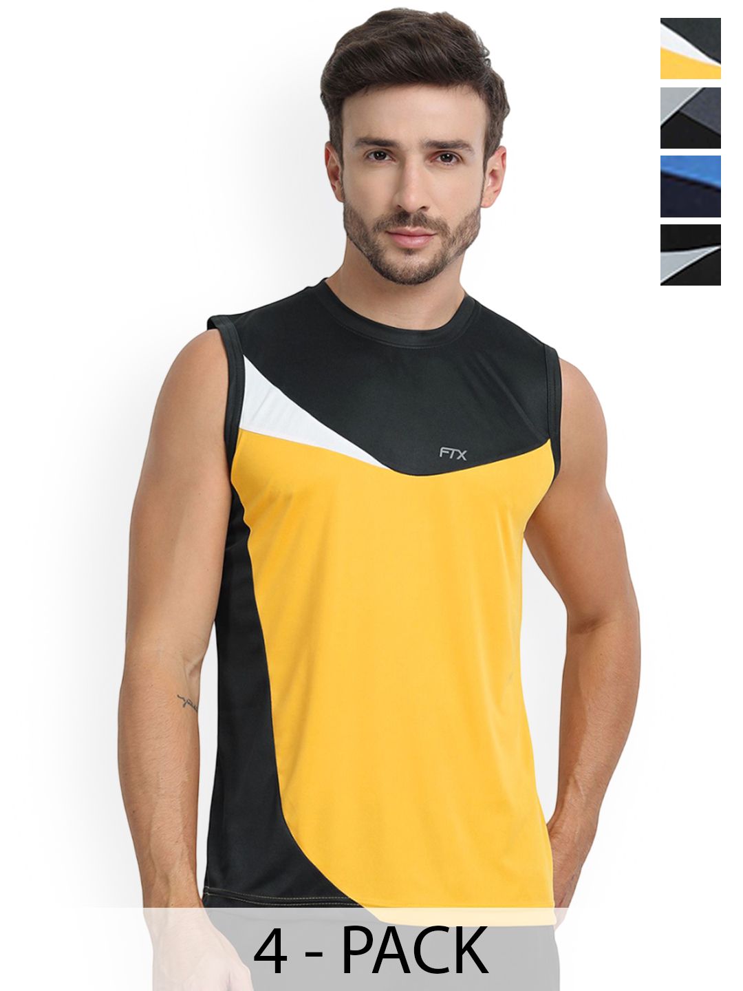 FTX  Pack Of 4 Color Blocked Round Neck Gym Vests 709-2_709-8_709-10_709-12-S