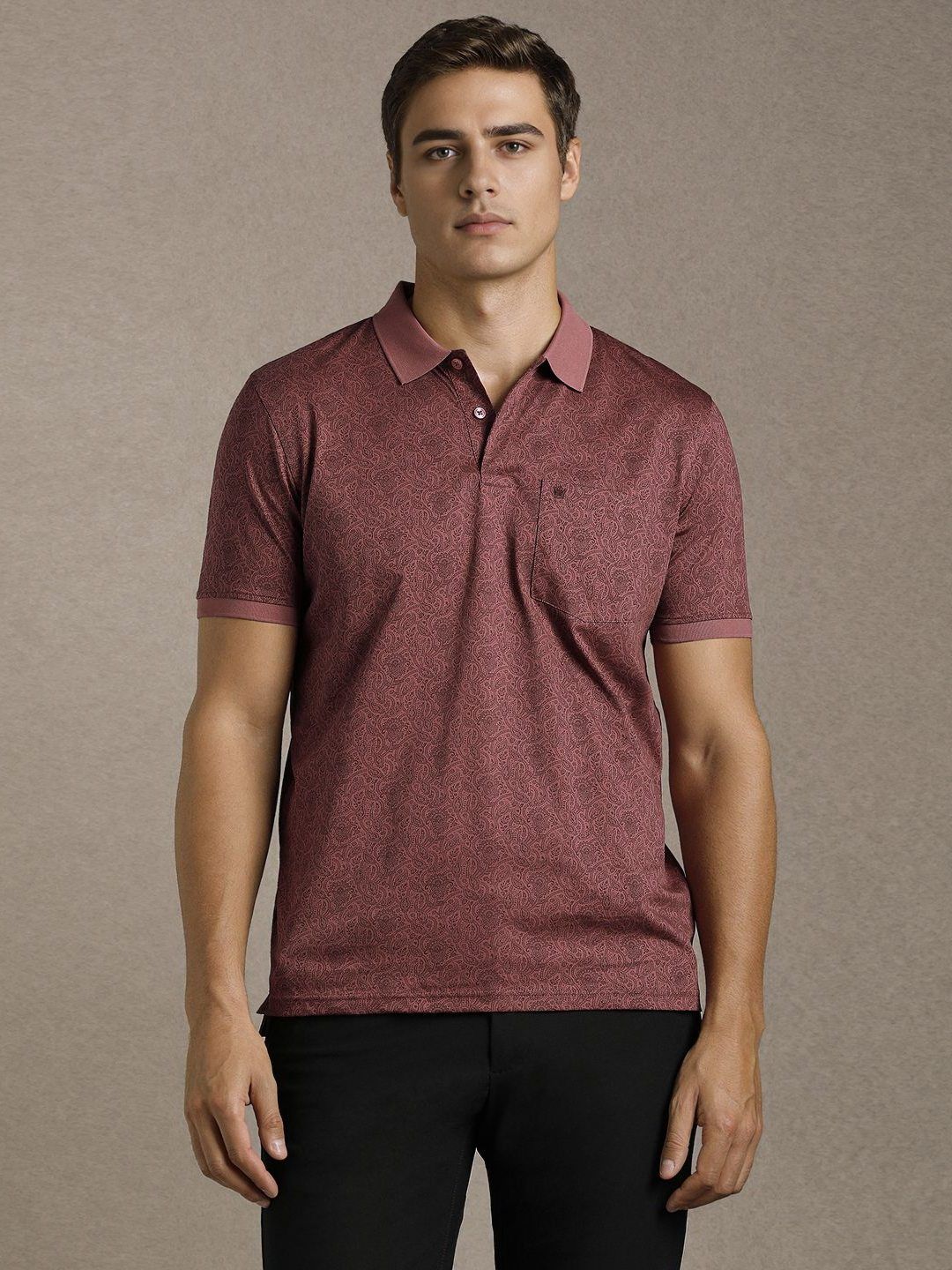 Louis Philippe Men Floral Printed Polo Collar Cotton T-shirt