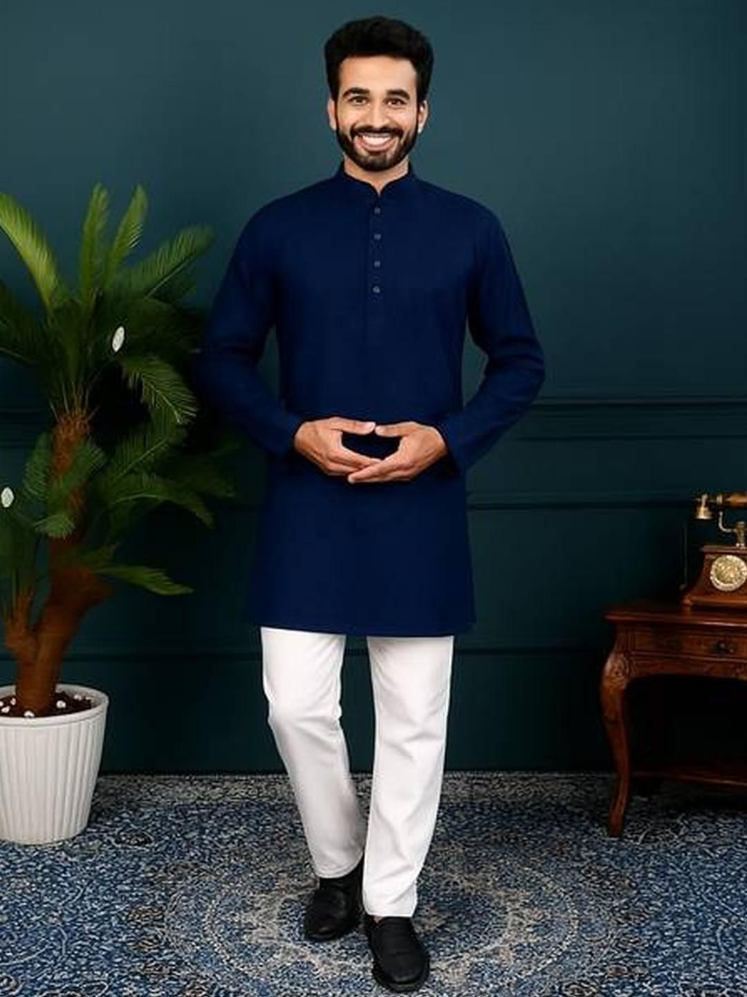 ORIFAB Men Navy Blue Kurtas