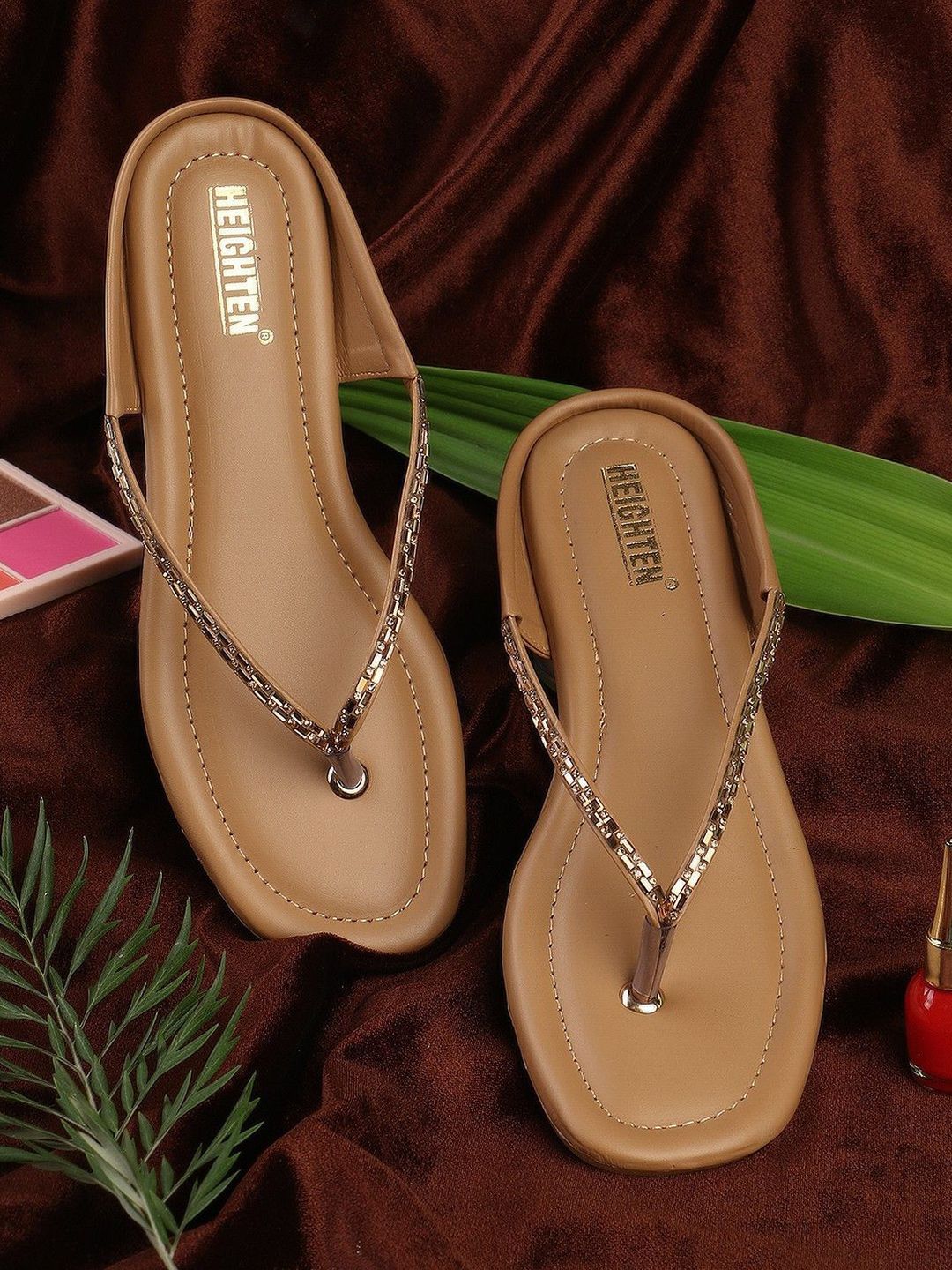 HEIGHTEN Women Leather Embellished T-Strap Flats