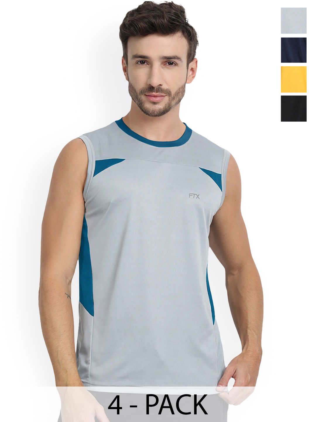 FTX  Pack Of 4 Color Blocked Round Neck Gym Vests709-2_709-8_709-10_709-16-S