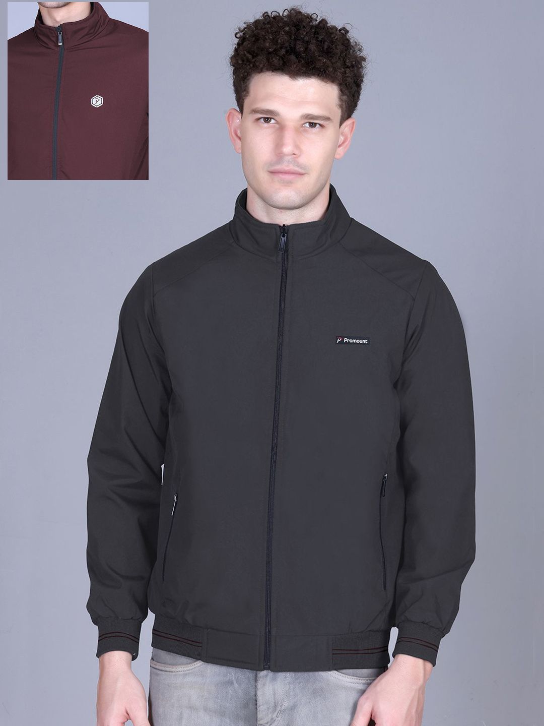 MOUNTAIN COLOURS Men Mock Collar Solid Reversible Bomber Jacket