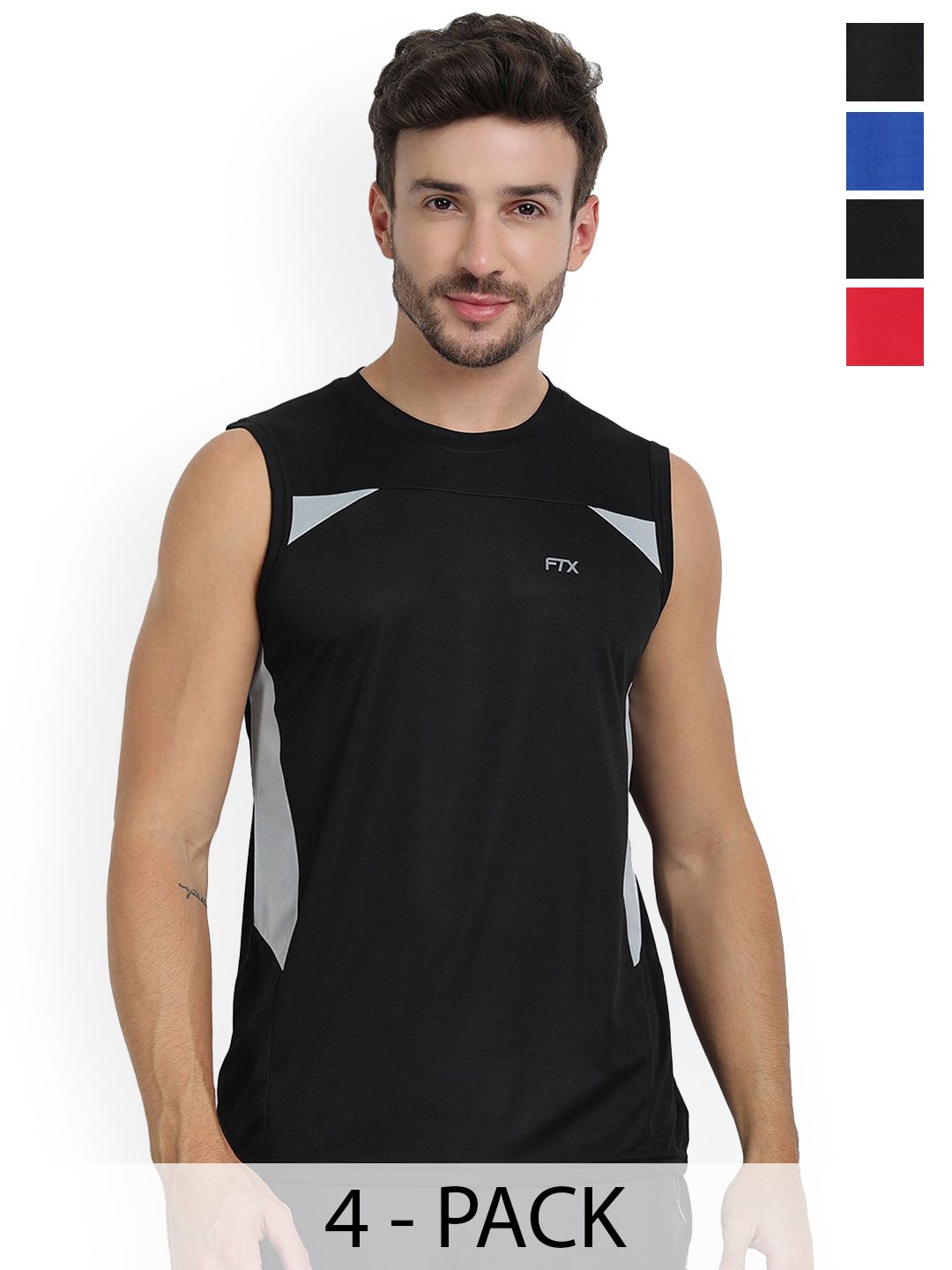 FTX Pack Of 4 Colourblocked Round Neck Sleeveless Dry-Fit Sports Vests