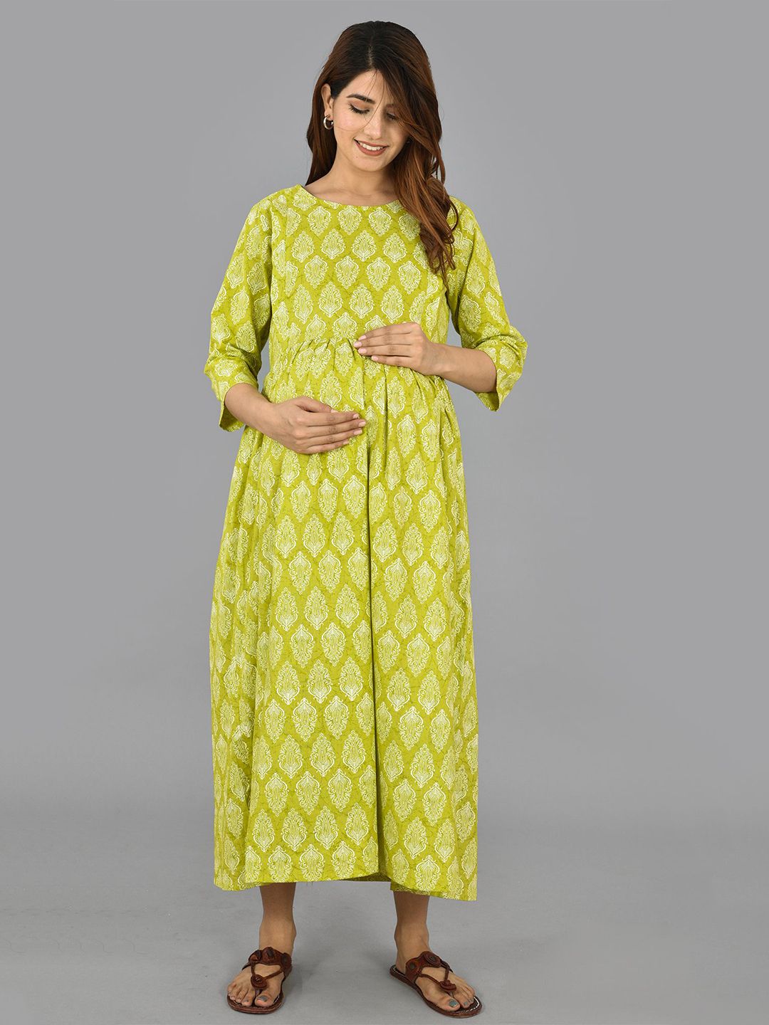 Negen Women Round Neck Floral Maternity Fit & Flare Cotton Dress
