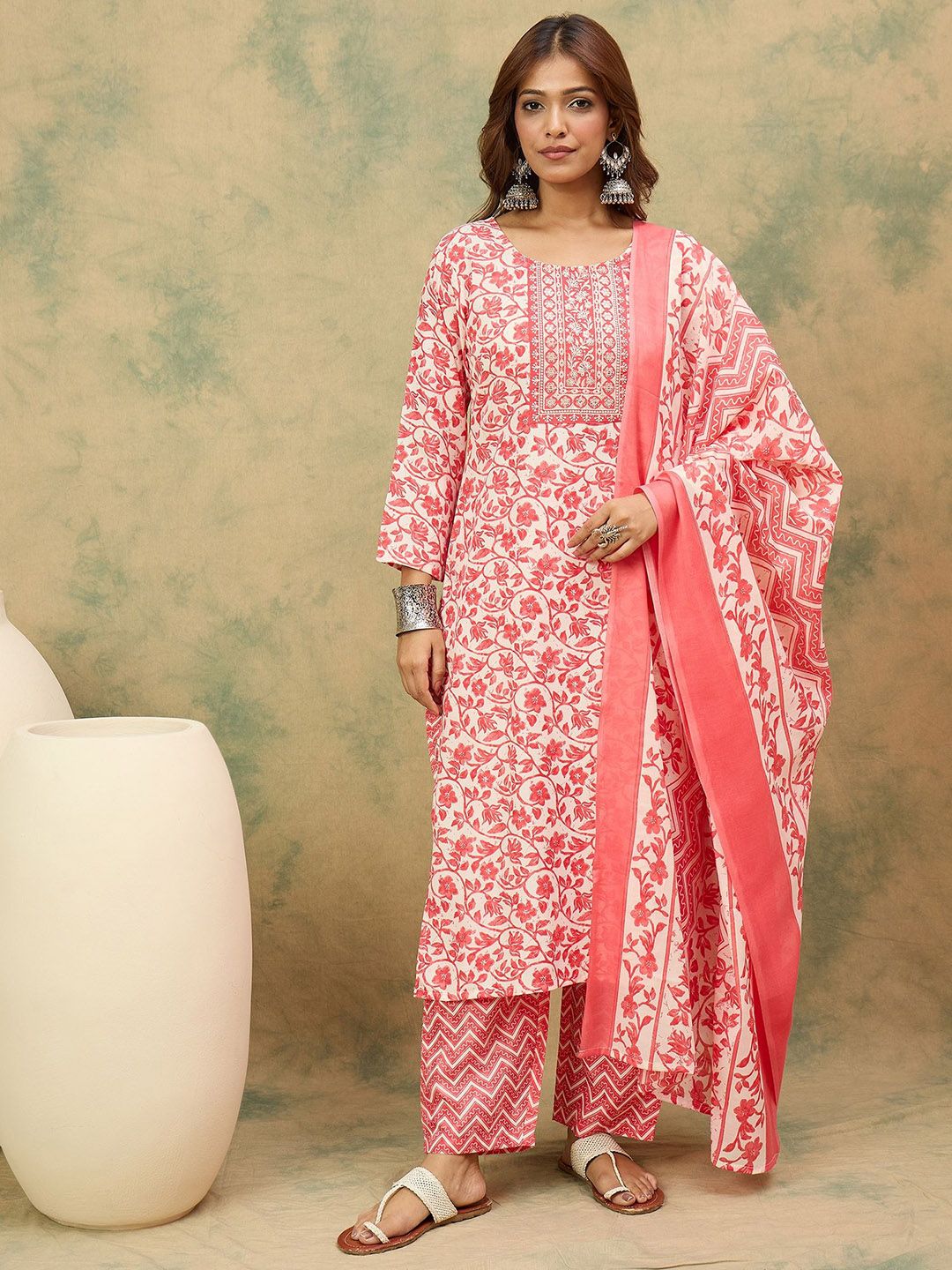 Varanga Women Floral Yoke Design Regular Thread Work Kurta with Trousers & Dupatta