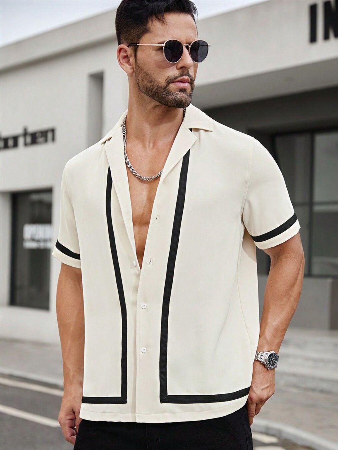 HARPITA Men Relaxed Fit Geometric Printed Cuban Collar Casual Shirt